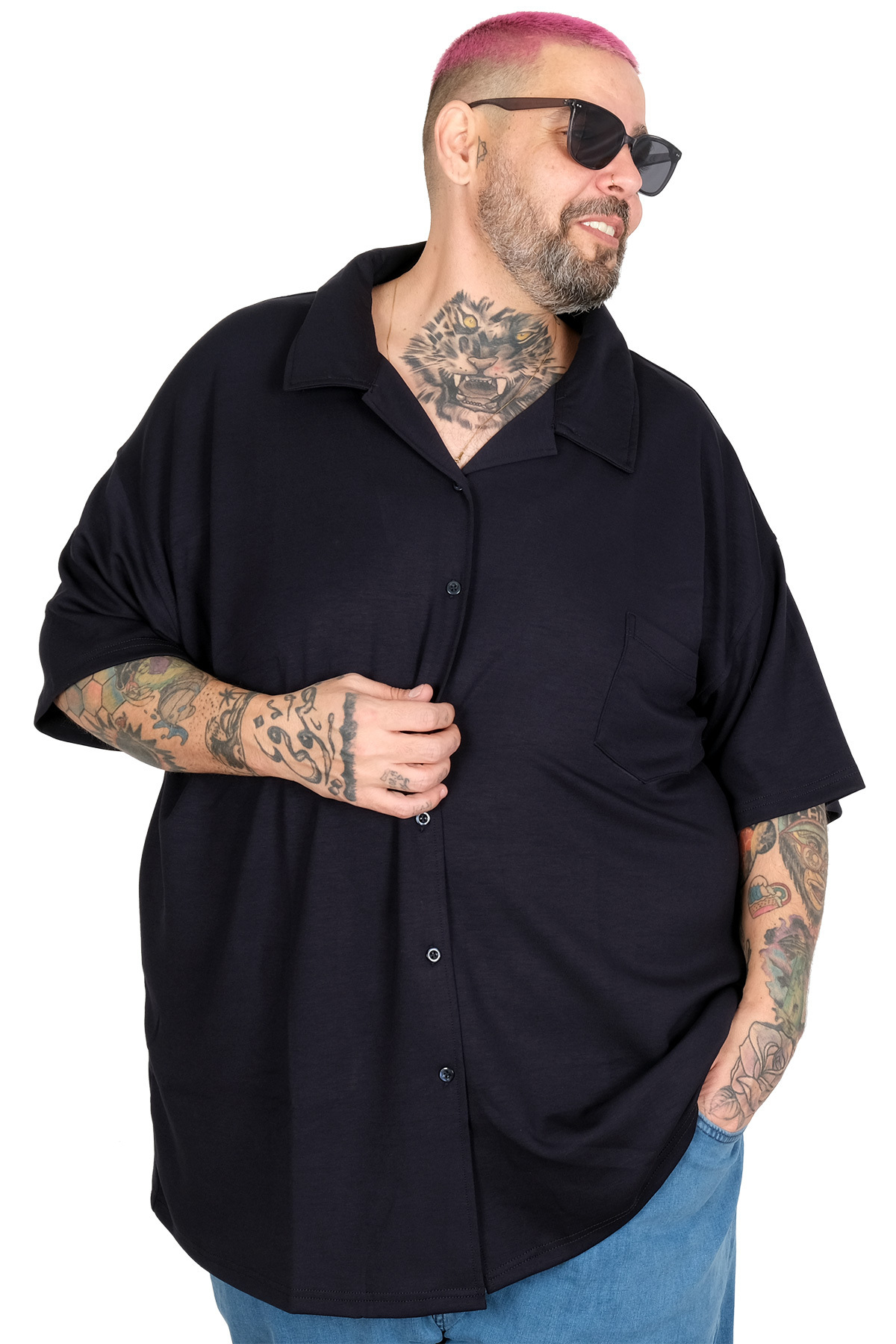 ModeXL Mode XL Büyük Beden Gomlek Apas Yaka Kısa Kol U26380 LACİVERT görsel 3