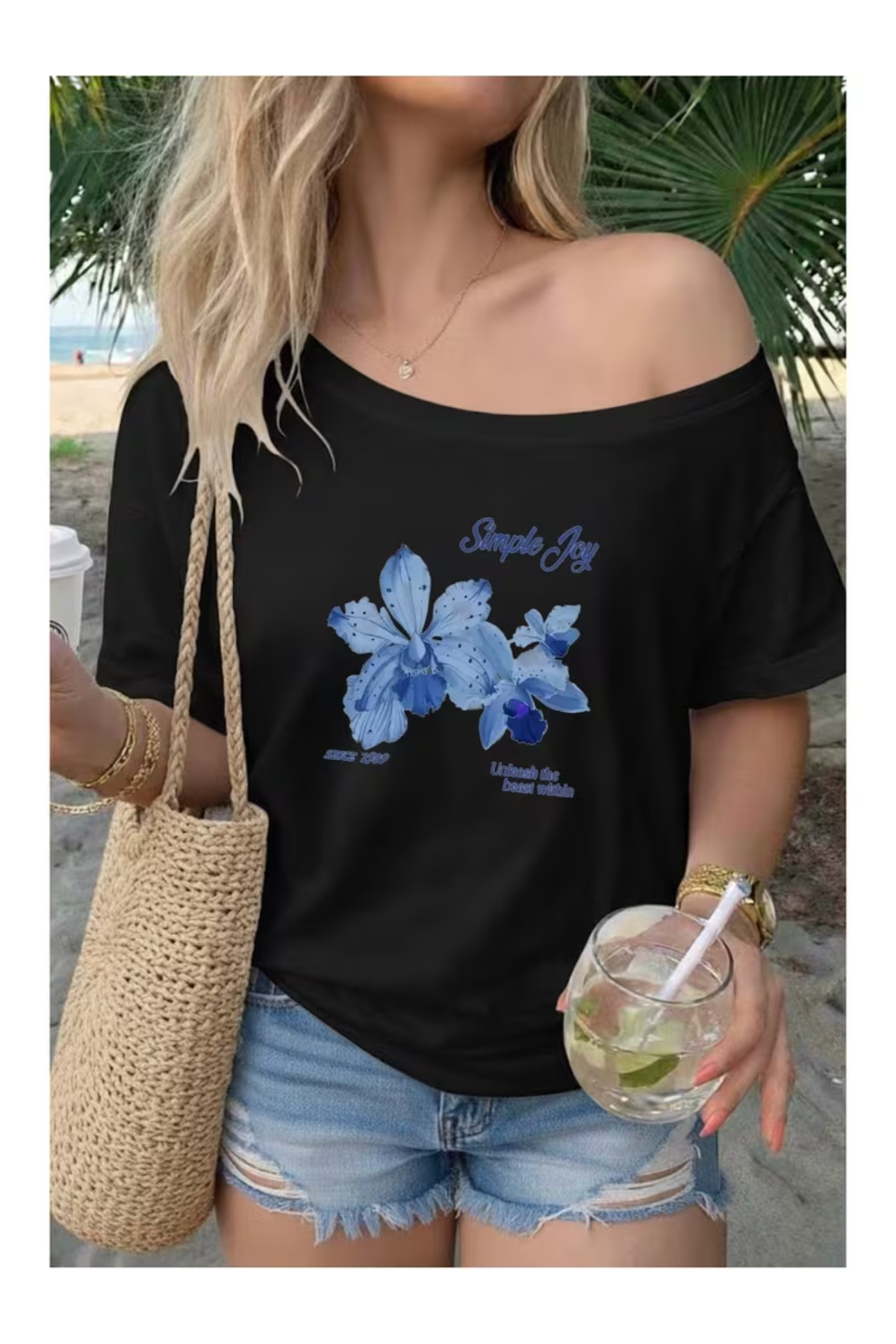 Women's Boat Neck Simple Joy Printed Oversize 100% Cotton T-shirt
