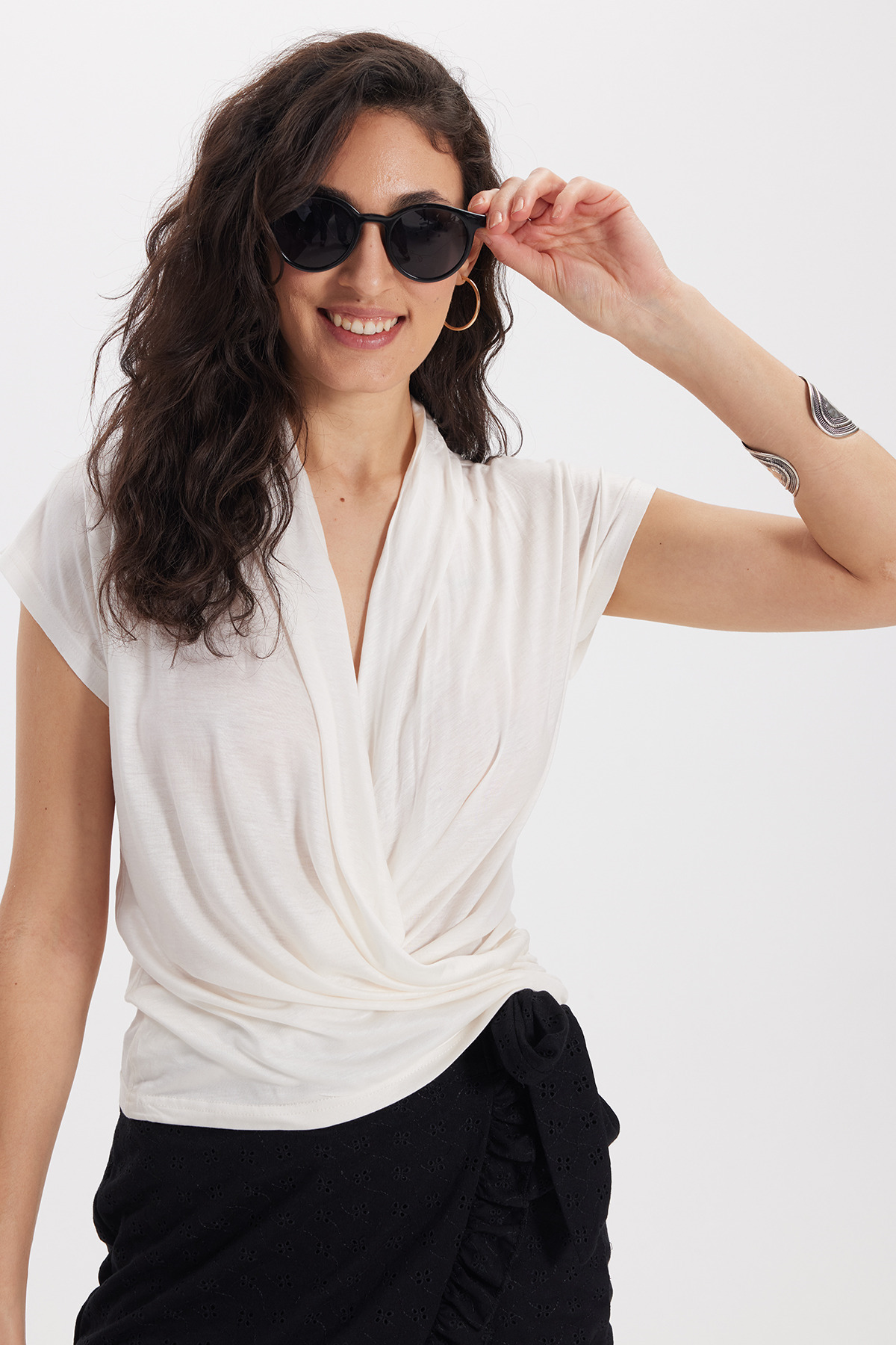 Tudors Women's Slim Fit 100% Cotton Degaje Collar Short Sleeve Ecru Blouse