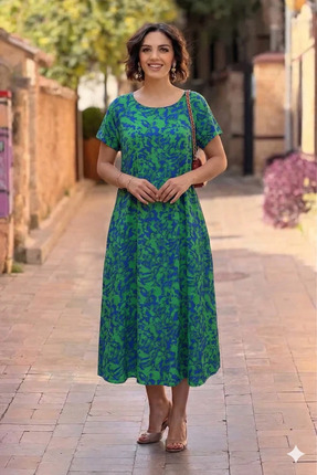 Nevin Kaya Moda Yeşil Fırça Desenli Yuvarlak Yaka Elbise