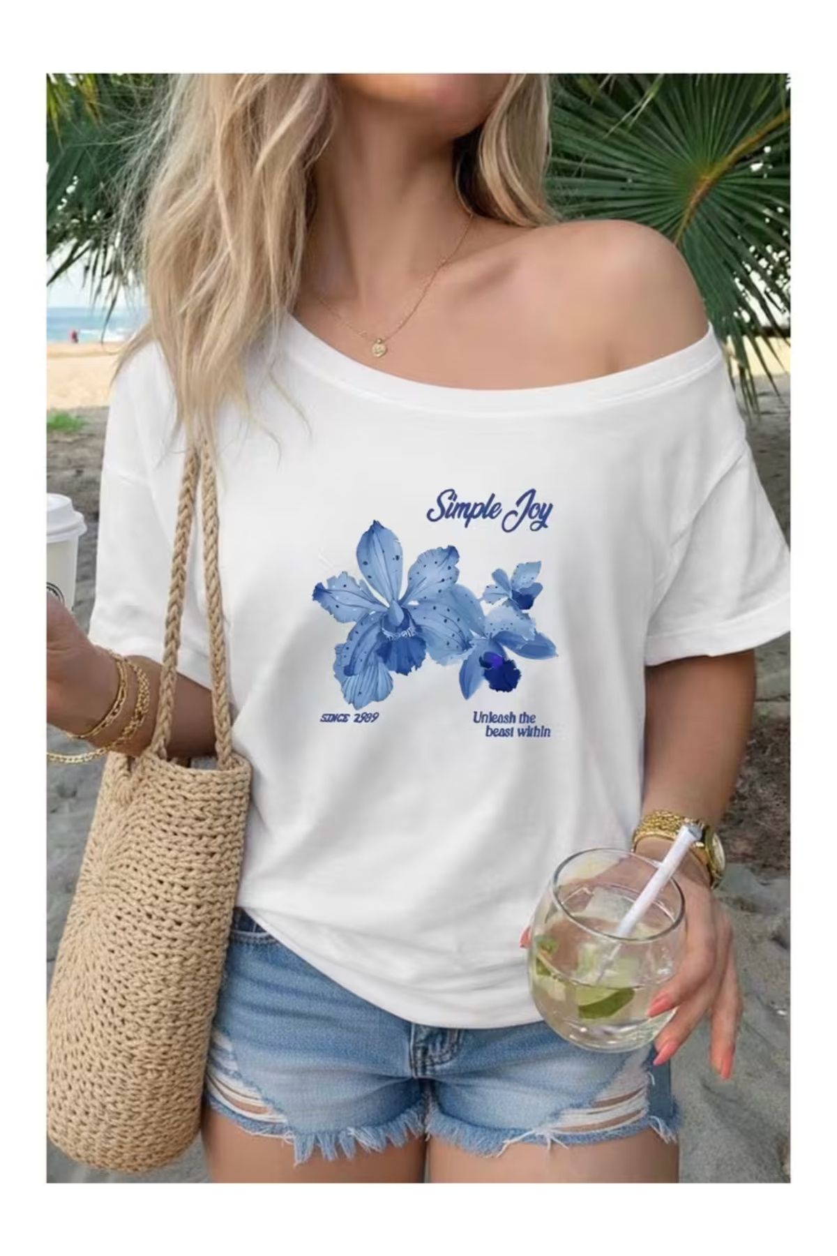 Women's Boat Neck Simple Joy Printed Oversize 100% Cotton T-shirt