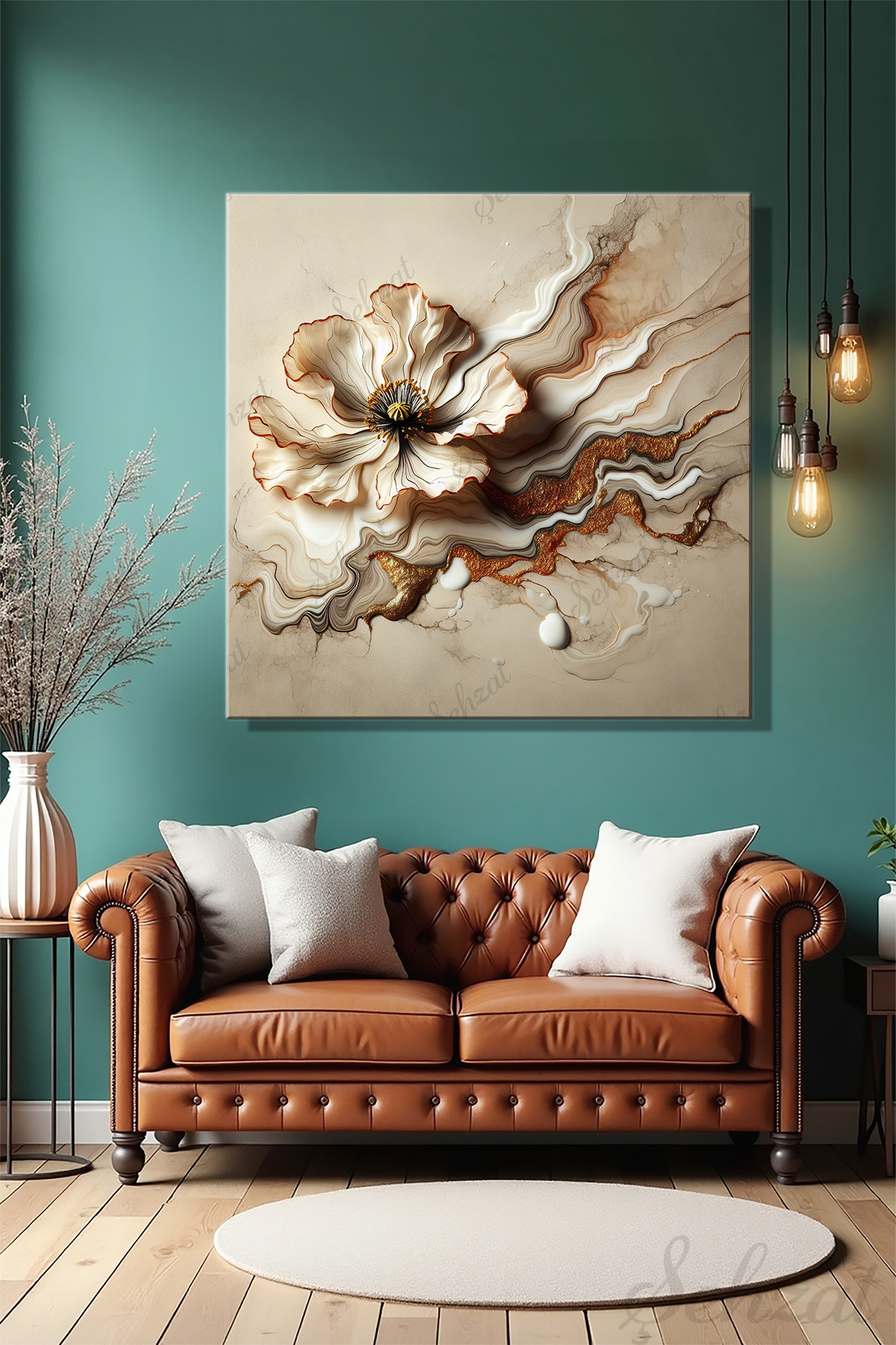Square Canvas Wall Table Single Living Room Kitchen Bedroom Office Golden White Abstract Flower