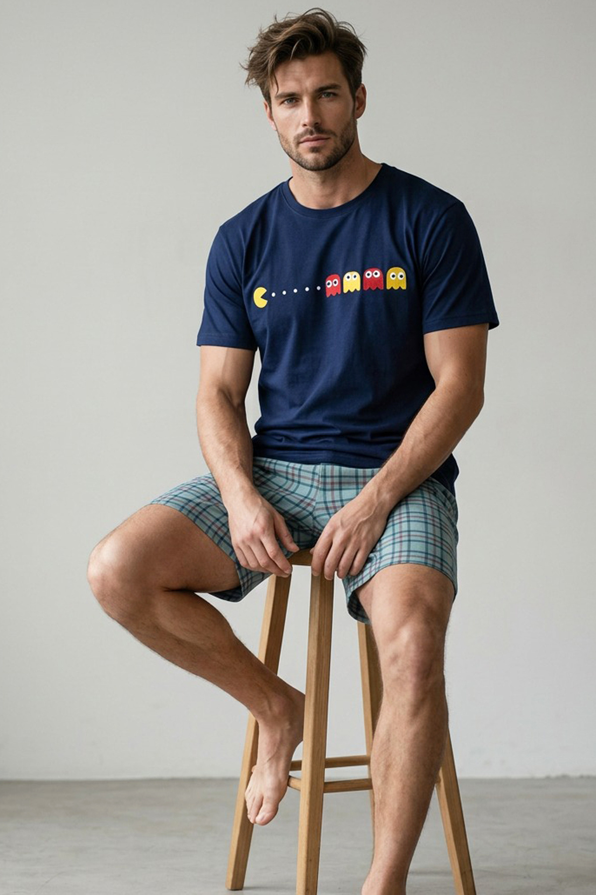 Siyah İnci  LACİVERT yeşil Ekose Desenli Baskılı Örme Kısa Kollu Şortlu Pijama Takım 8005