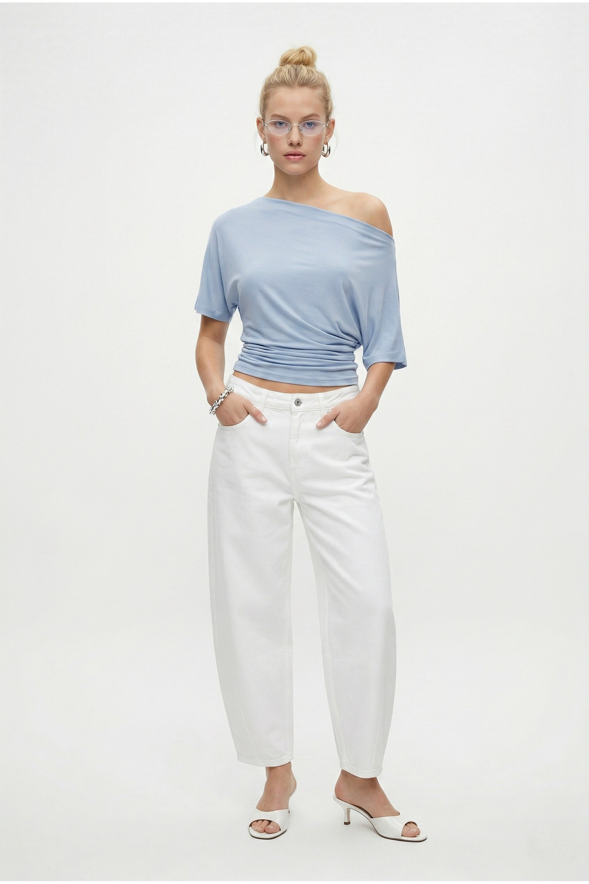 Ritnice  Kadın Germa Asimetrik Omuz Detay Mavi Bluz - Görsel 2