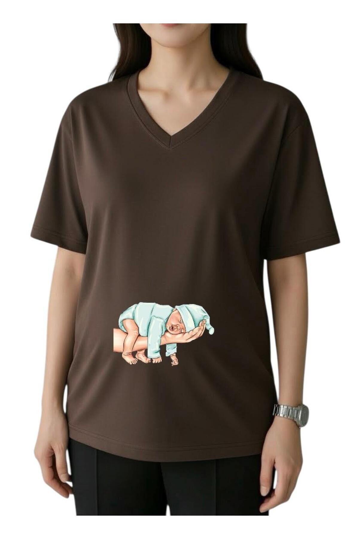 HANDMADE BABY PRINTED V-NECK OVERSIZED MATERNITY TEE 1GJ6