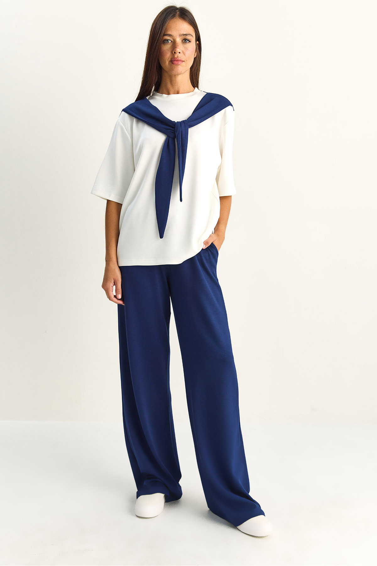 Women's Shawl Detailed Basic T-Shirt Elastic Wide Pants Bottom-Top Modal Set 4116 60286084