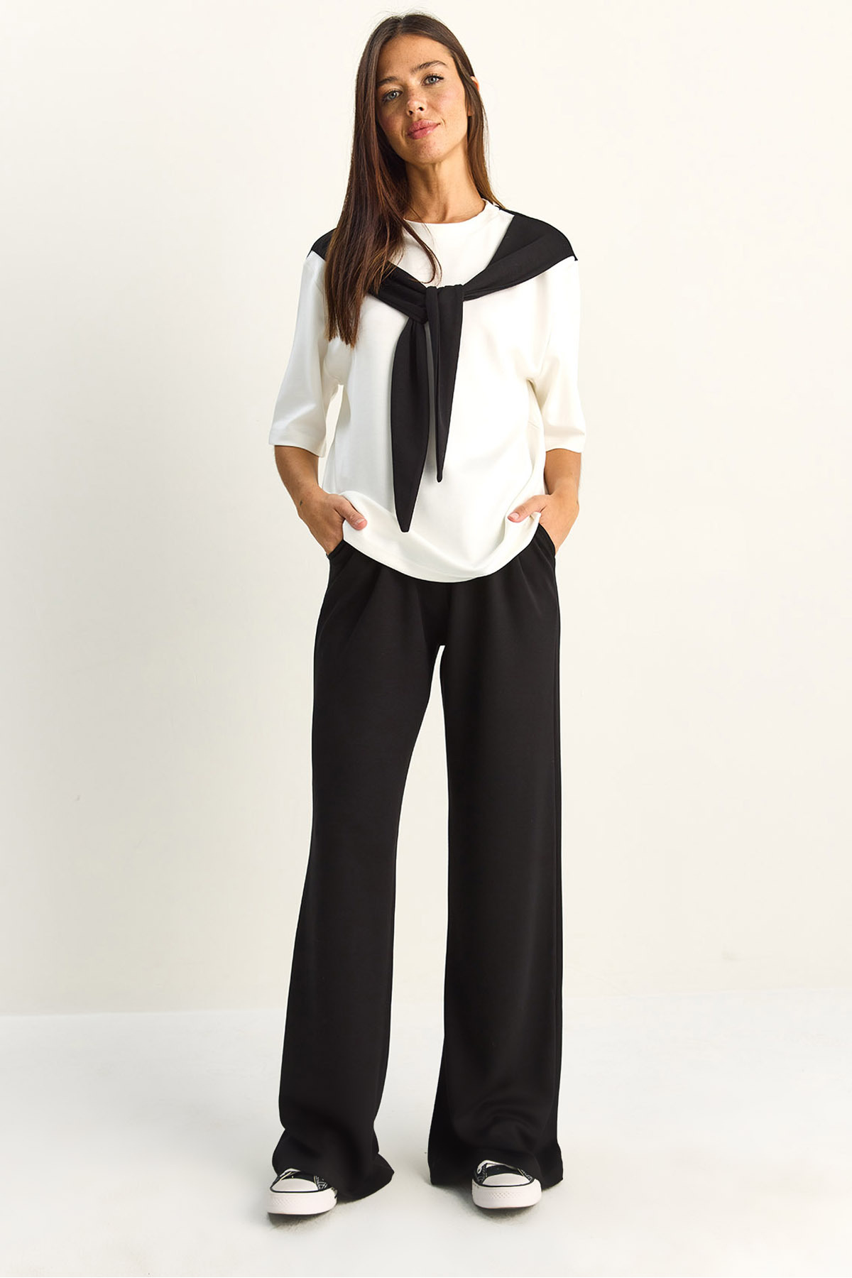 Women's Shawl Detailed Basic T-Shirt Elastic Wide Pants Bottom-Top Modal Set 4116 60286084