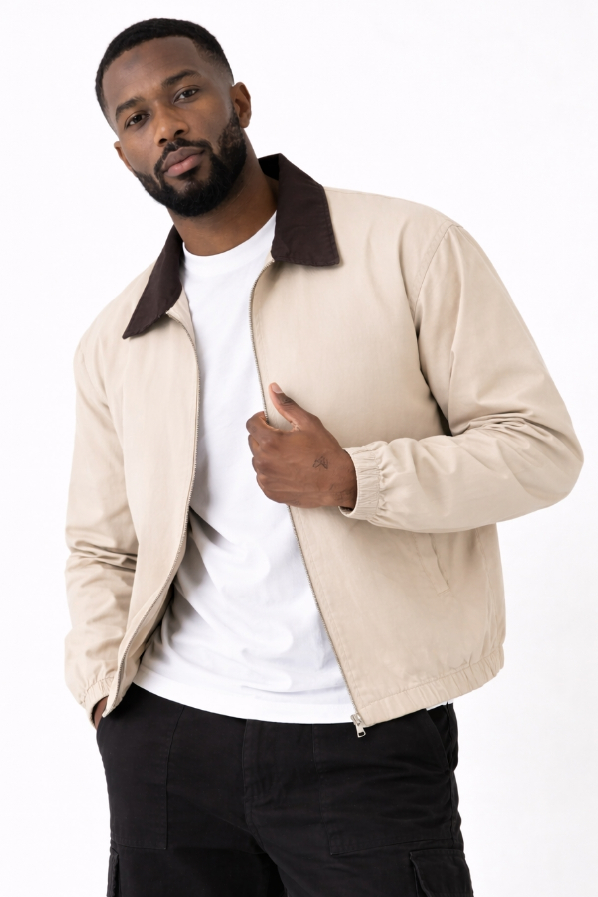 Gizrain  Erkek Bej Gabardin Ceket Oversize Siyah Yaka Detaylı Rahat Kalıp Beli Lastikli - Görsel 4