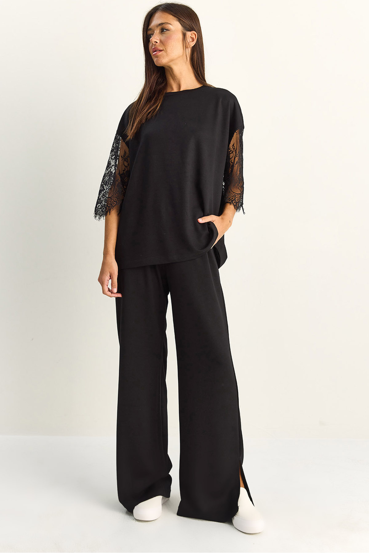 Women's Lace Sleeve Oversize Basic T-Shirt Elastic Waist Wide Pants Modal Set 4115 60286085