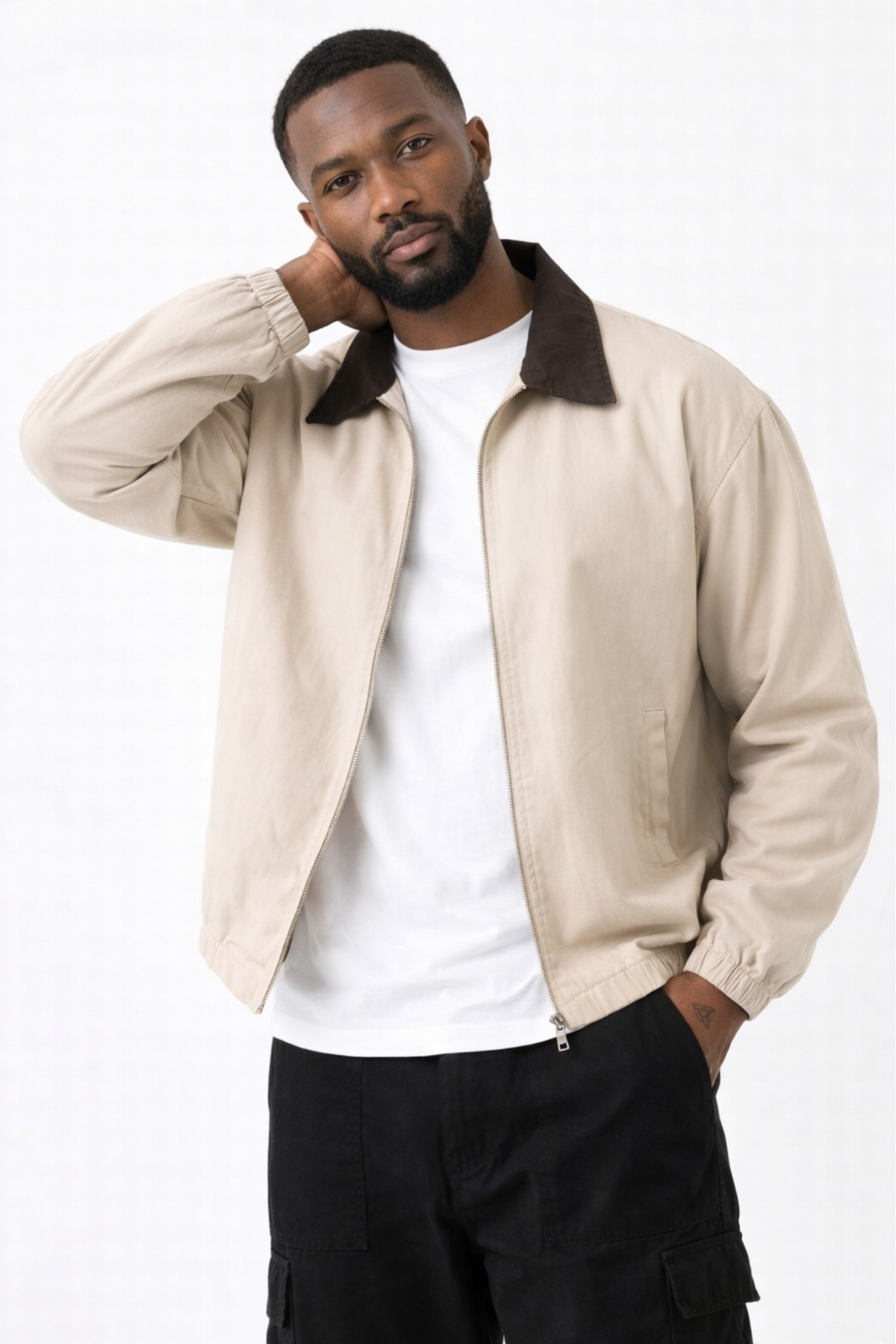 Gizrain  Erkek Bej Gabardin Ceket Oversize Siyah Yaka Detaylı Rahat Kalıp Beli Lastikli - Görsel 2