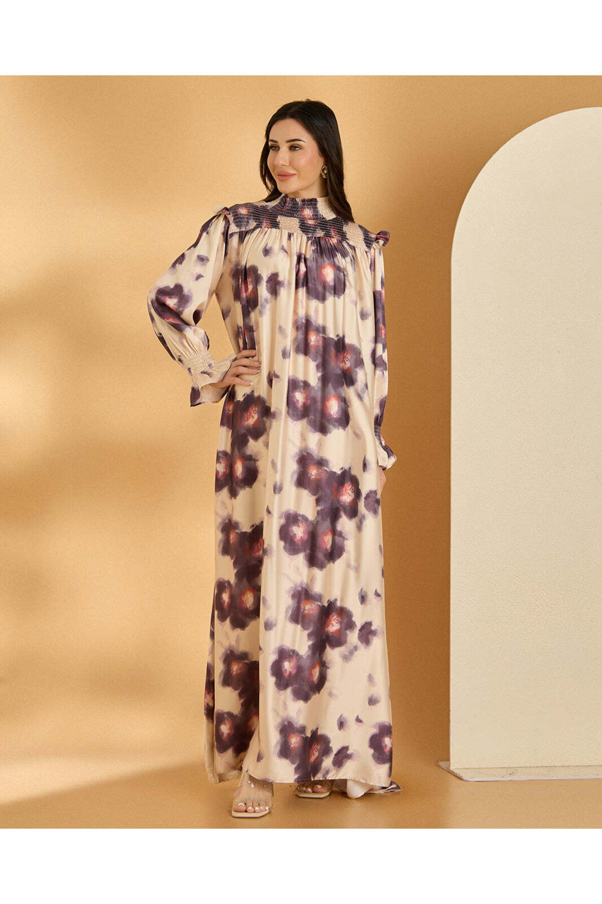 REDTAG Women Cream Floral Printed Long Sleeve Dress