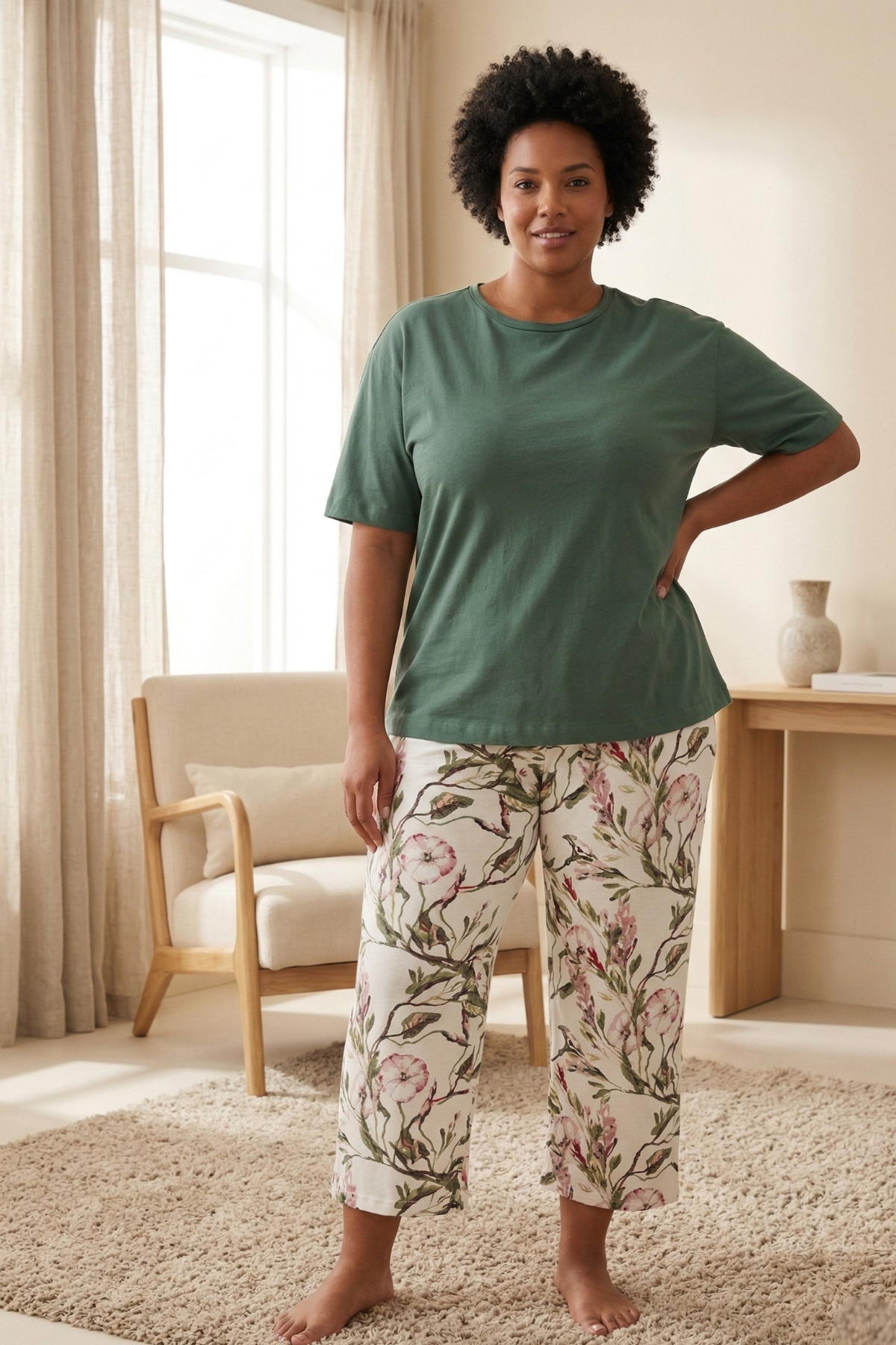 Yeşil Çiçekli Kapri Örme Pijama Takımı