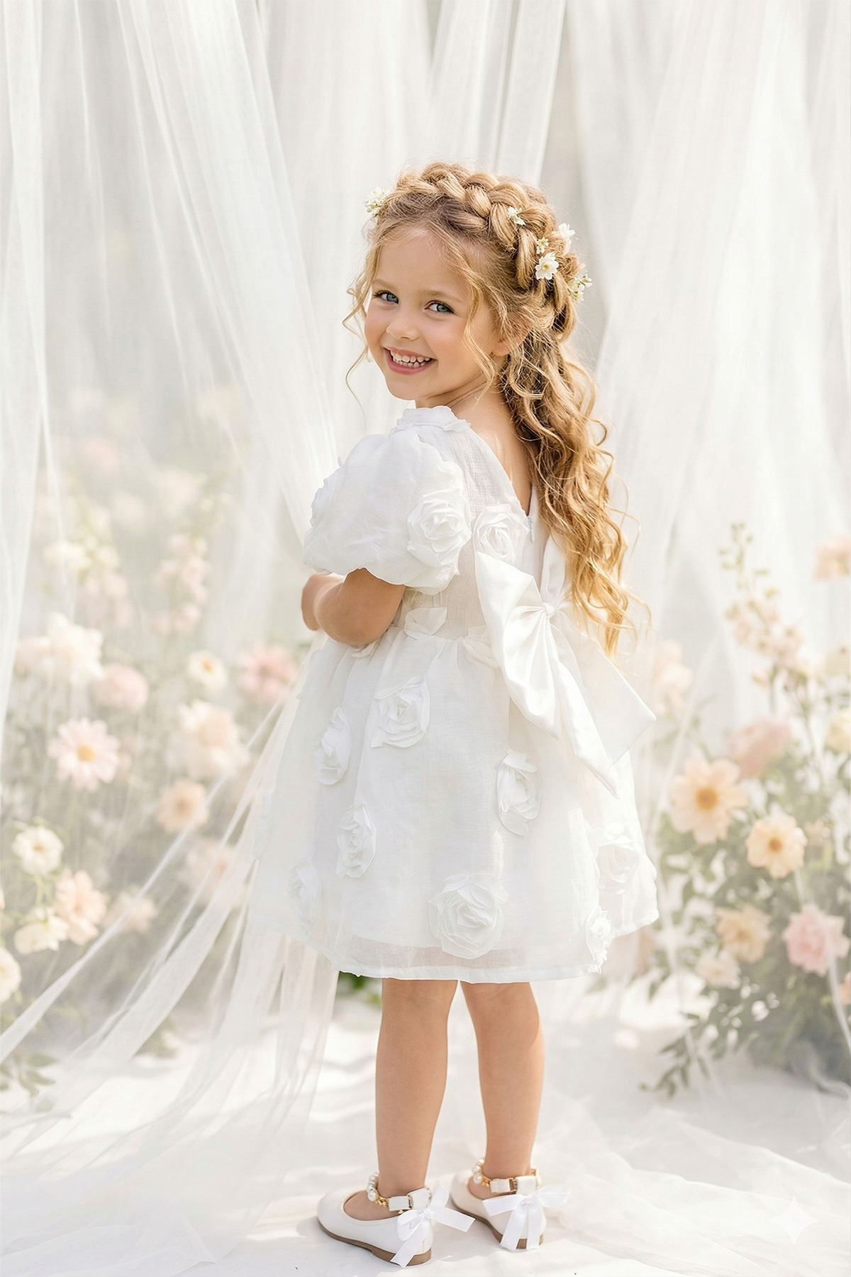 Girl 4-5 Years Back Detailed 3D Rose Applique Tulle Tutu Bowknot Princess Birthday Party Dress