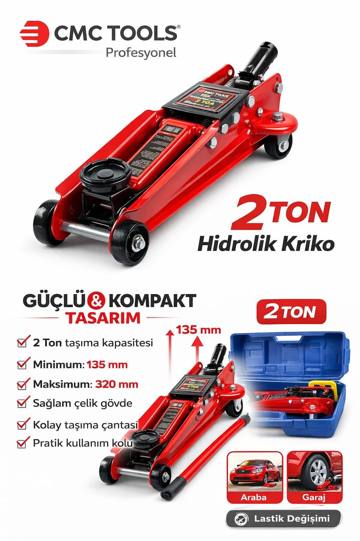 CMC Tools 2 Ton Hidrolik Kriko Arabalı Kriko Taşıma Çantalı 135