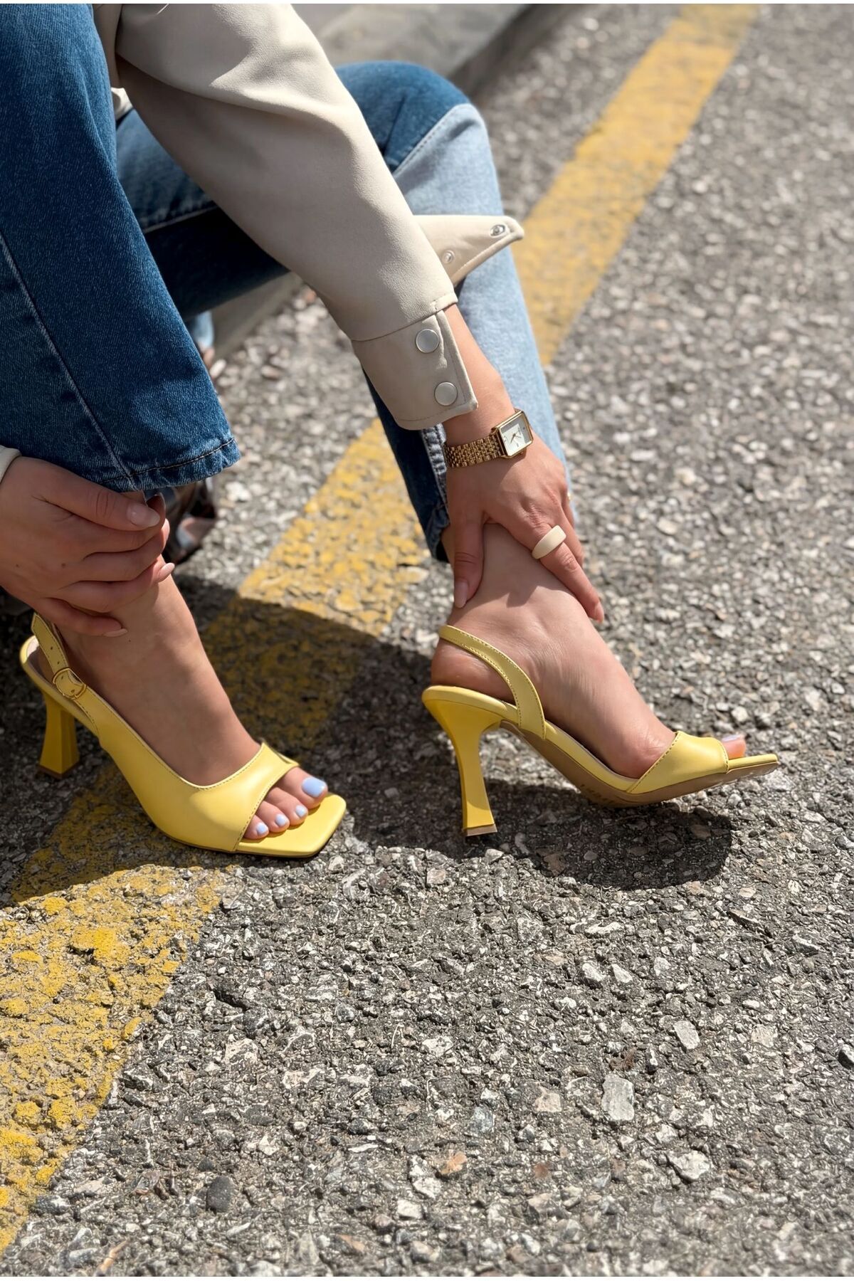 I Love Shoes Solvion Topuklu Sandalet Sarı Mat Deri görsel 6