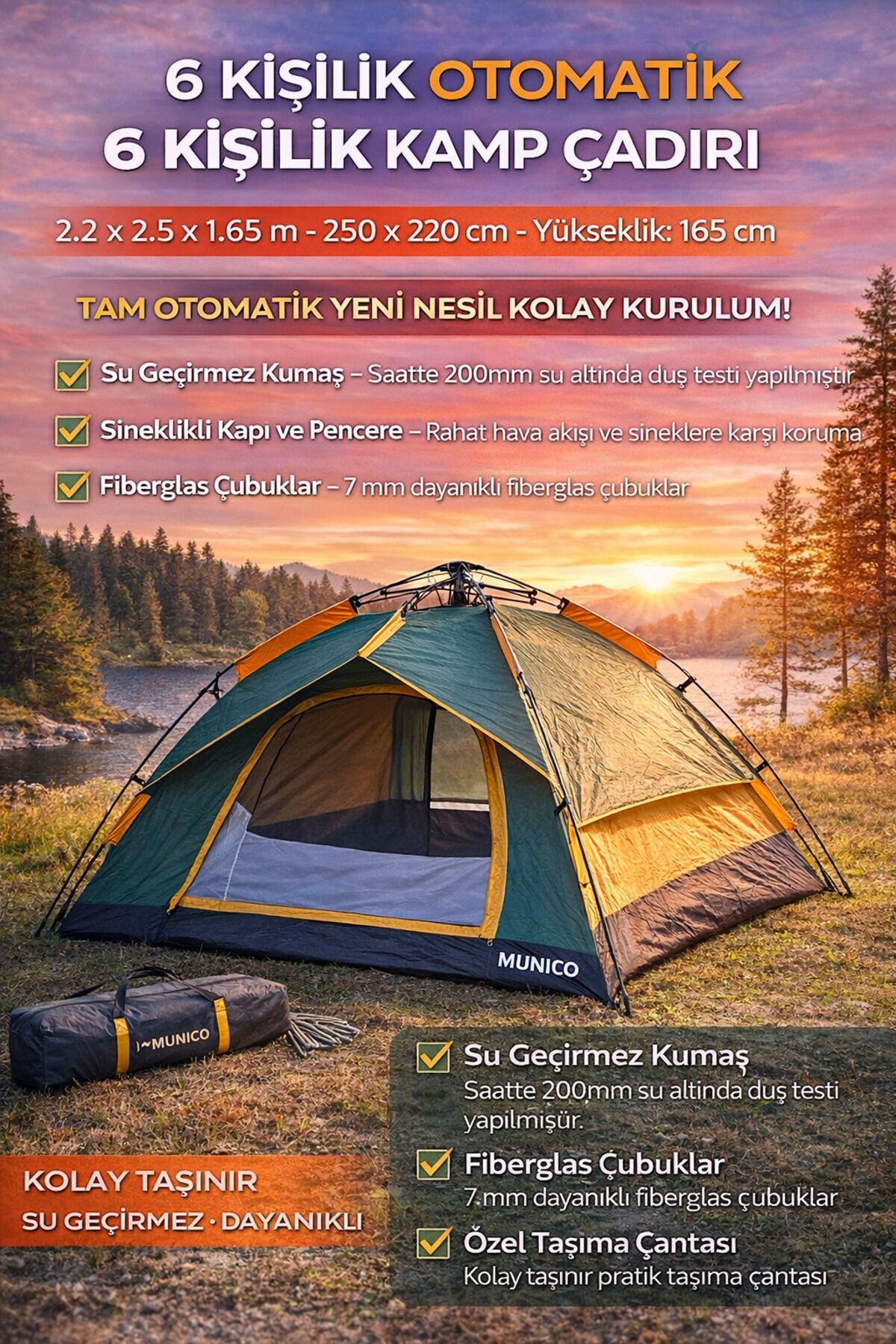 Munico 6 Kişilik Kapasiteli Kamp Çadırı Şemsiye Sistem Kolay Kurulum Su Geçirmez Dayanıklı Festival Outdoor