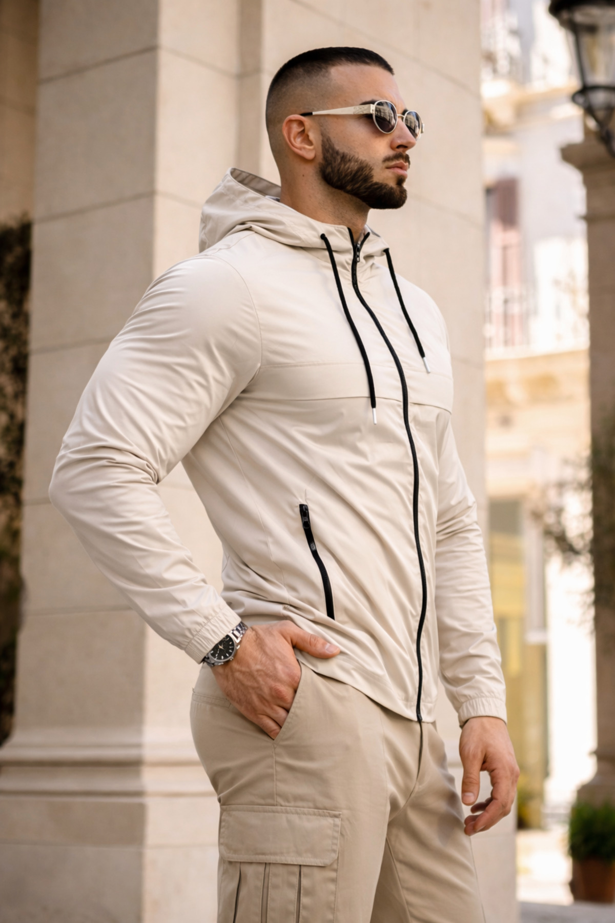 بارانی و بادگیر مردانه شیک و مد روز کلاه‌دار طرح سنگ — بژ Hacker-1-E0210-12 — تصویر 5 از 6