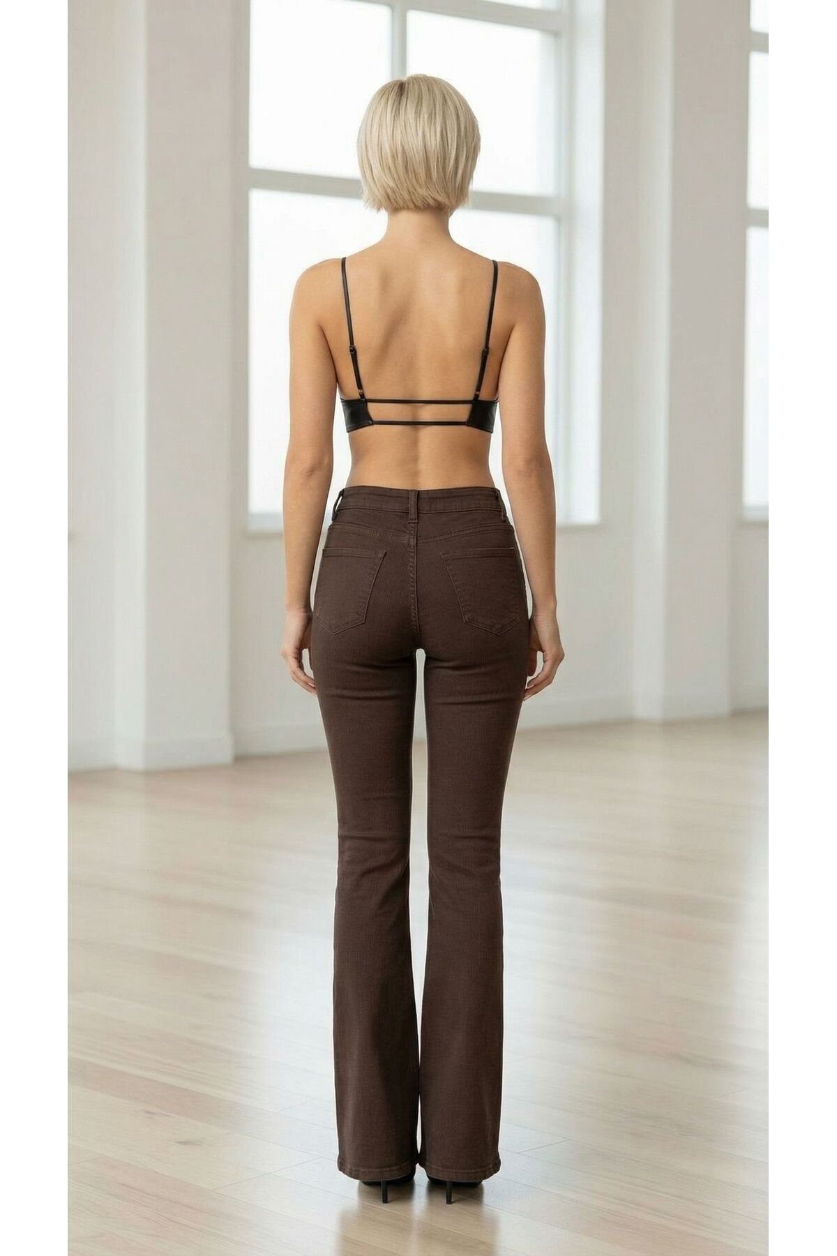 geenz manifacture Acı kahverengi Cherry Likralı Yüksek Ispanyol Ispanyol Jeans Pantolon görsel 4