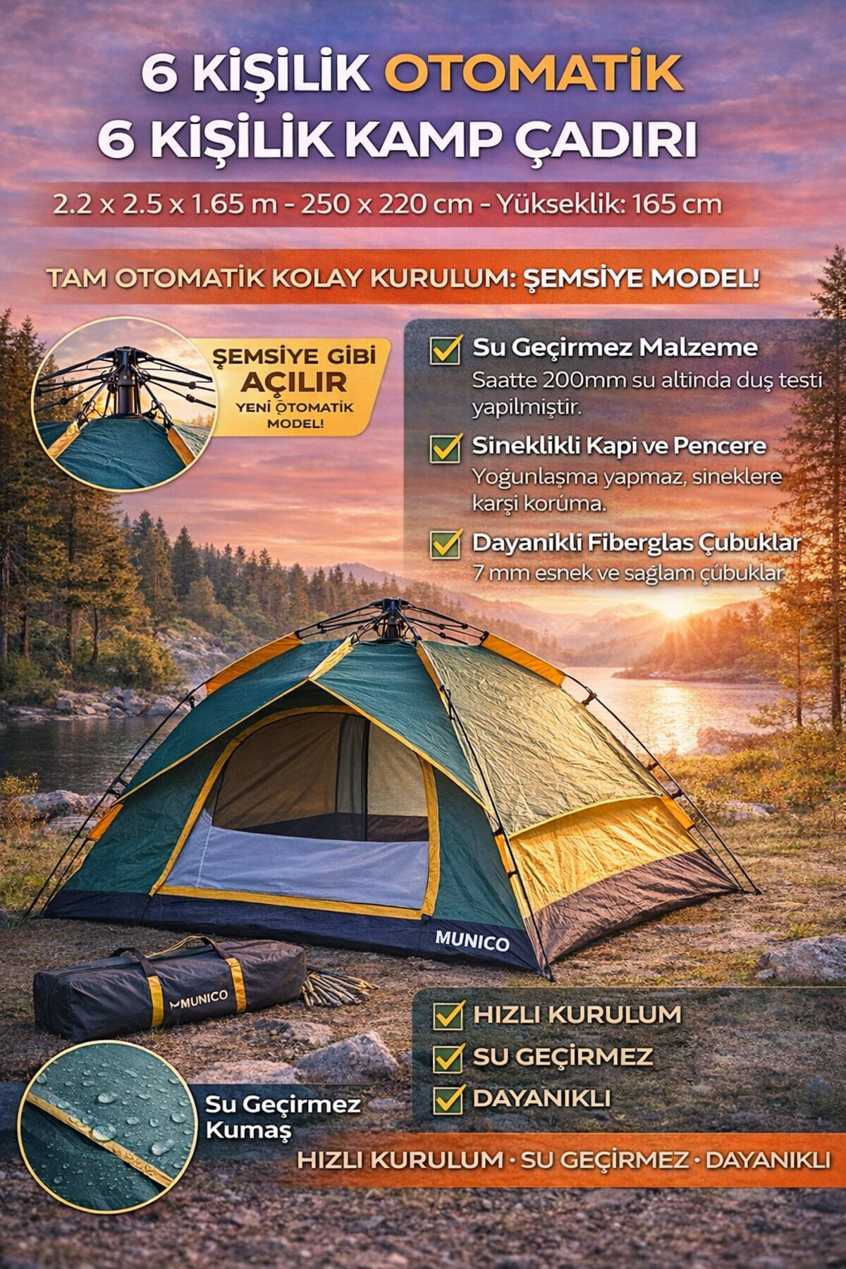 Munico 4 Mevsim Soğuk Sıcak 6 Kişilik Kamp Çadırı Tam Otomatik Açılır Sistem Su Geçirmez Kamp Çadırı