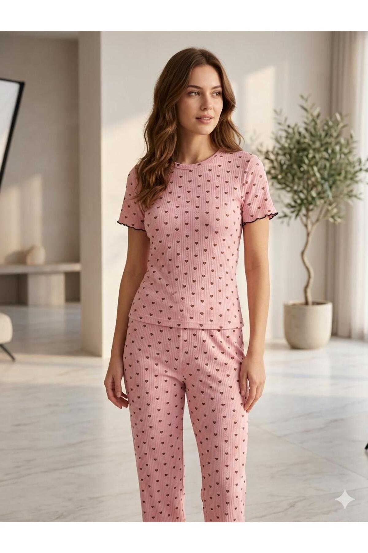 FAMES PİJAMA Short Sleeve Patterned 100% Cotton Summer Pajama Set