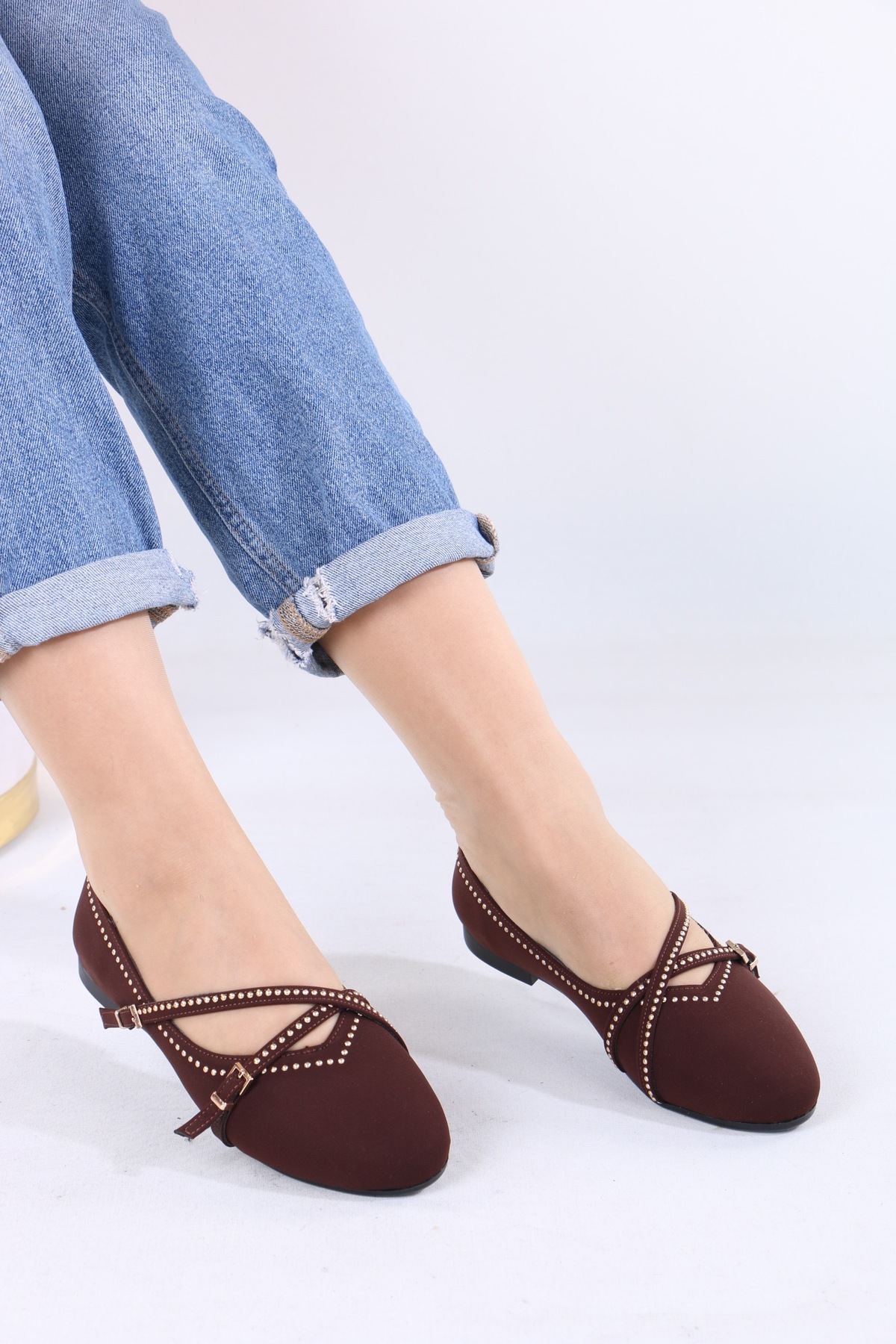 moda vav Babet Ayakkabı Kadın Ortopedik Taban Günlük taşlı çift bantlı görsel 4