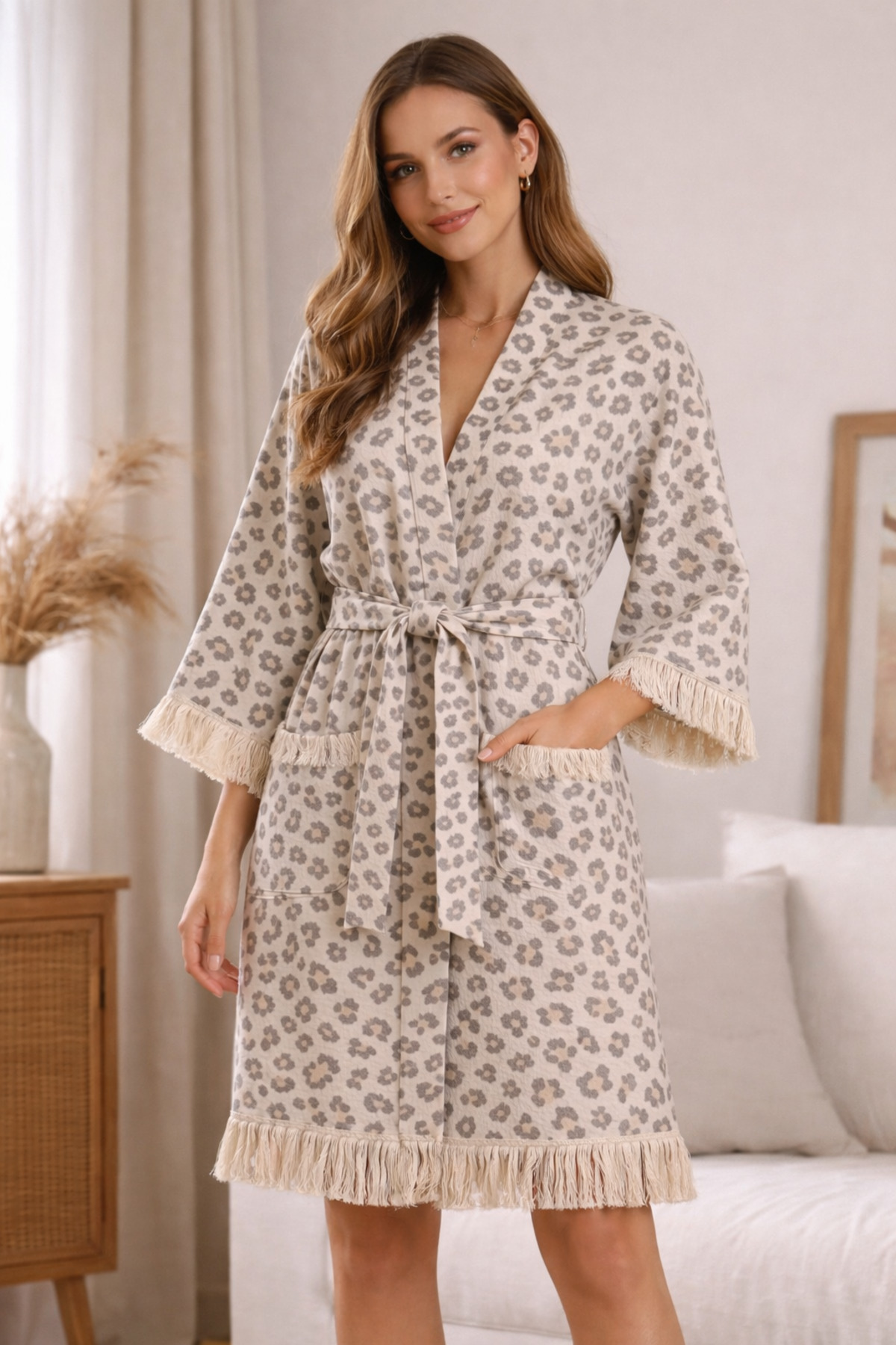 Uçkan home %100 pamuk jagarlı 3 katlı müslin kimono bornoz kaftan