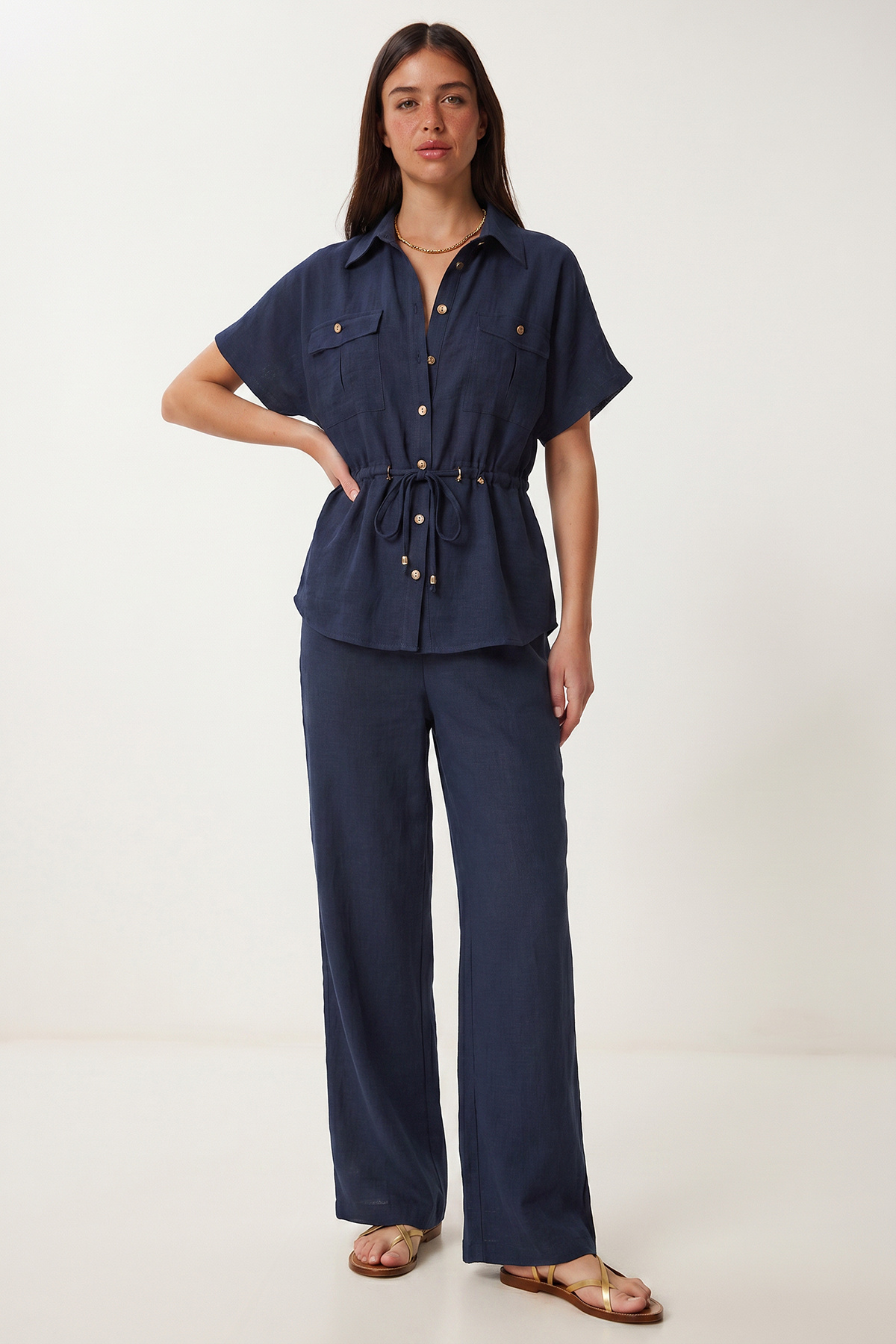Button Detailed Linen Bottom-Top Set with Belt LBY0055 NAVY
