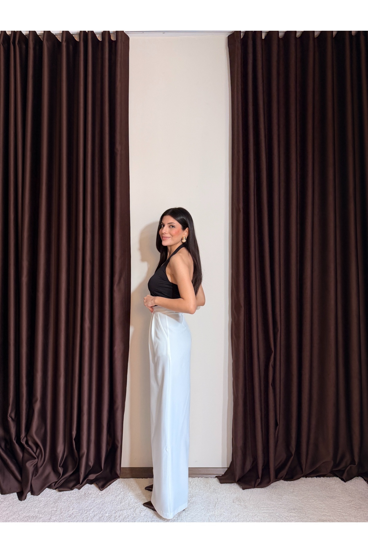 LOISY Kadın Önü Pile Detaylı Yüksek Bel Geniş Paça Dökümlü Palazzo Pantolon görsel 3