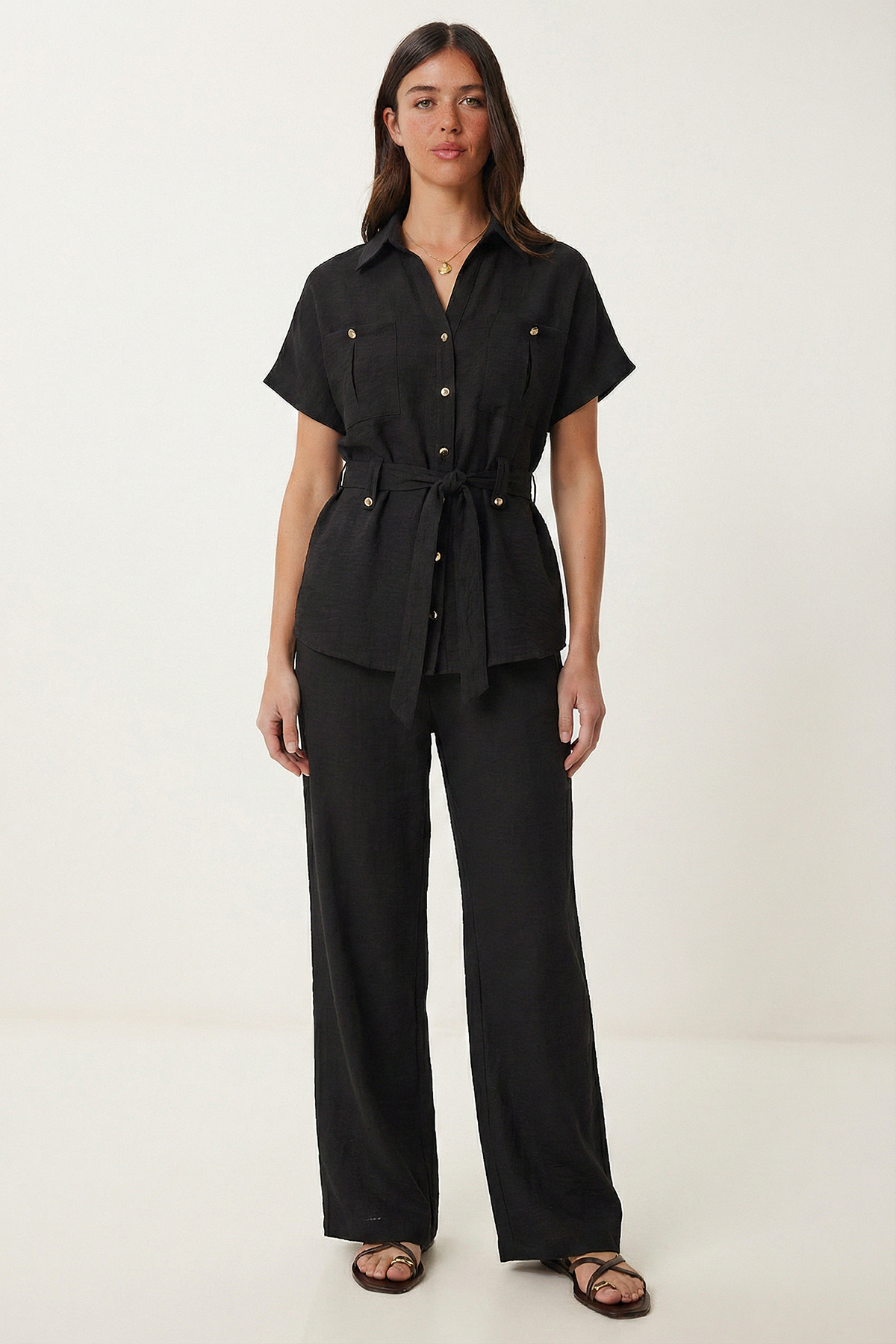 Button Detailed Linen Bottom-Top Set with Belt LBY0055 BLACK
