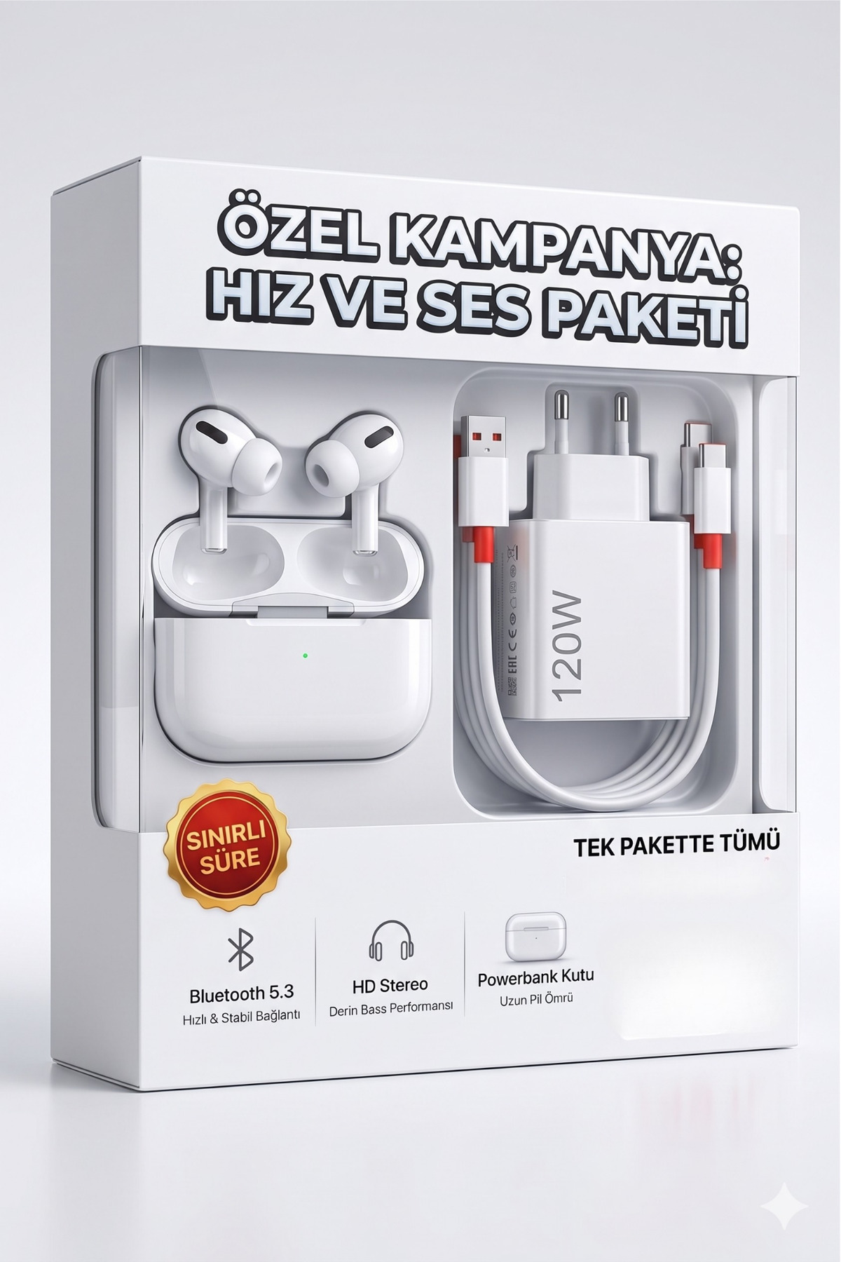 FaroxTech 120W Hızlı Şarj Aleti + AirPro Bluetooth 5.3 Kablosuz