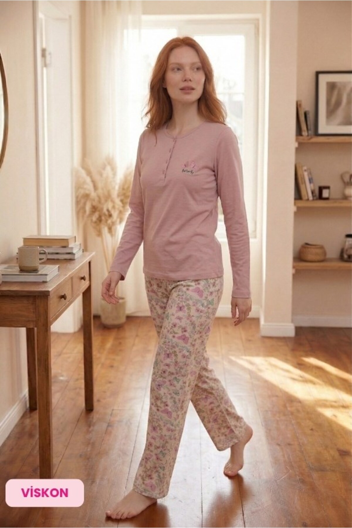 Women's Pink Butterfly Pattern 3 Buttons Seasonal Lycra Viscose Long Sleeve Pajamas Set with Pocket