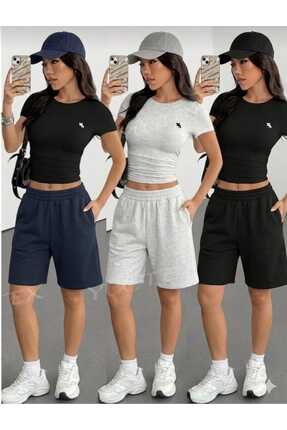 modlux 3 Adet (Şort) Siyah-Gri-Lacivert Kadın Oversize Kalıp Şort Bermuda Rah...