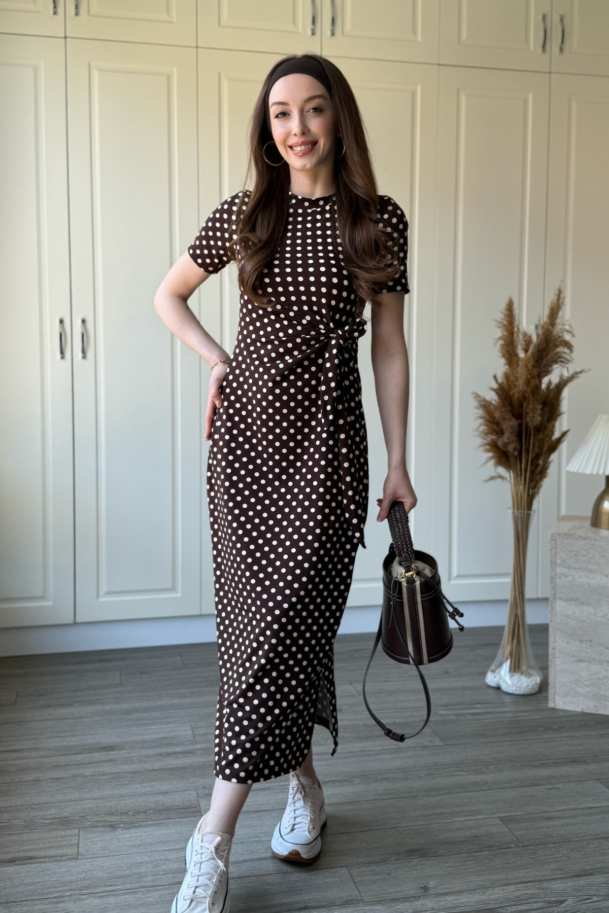 Polka Dot Modal Fabric Belted Midi Brown Dress