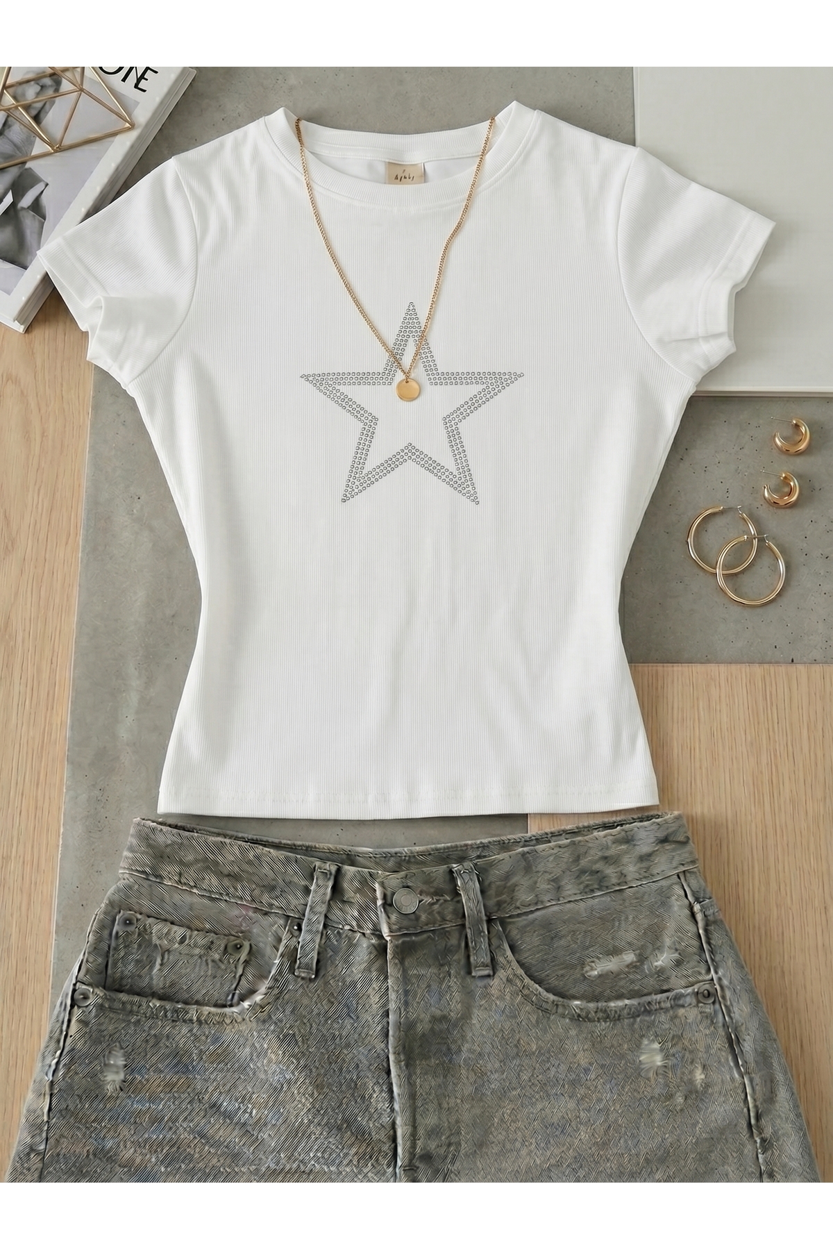 NİCE Women's Star Patterned Stone Printed - Lycra Short Sleeve
