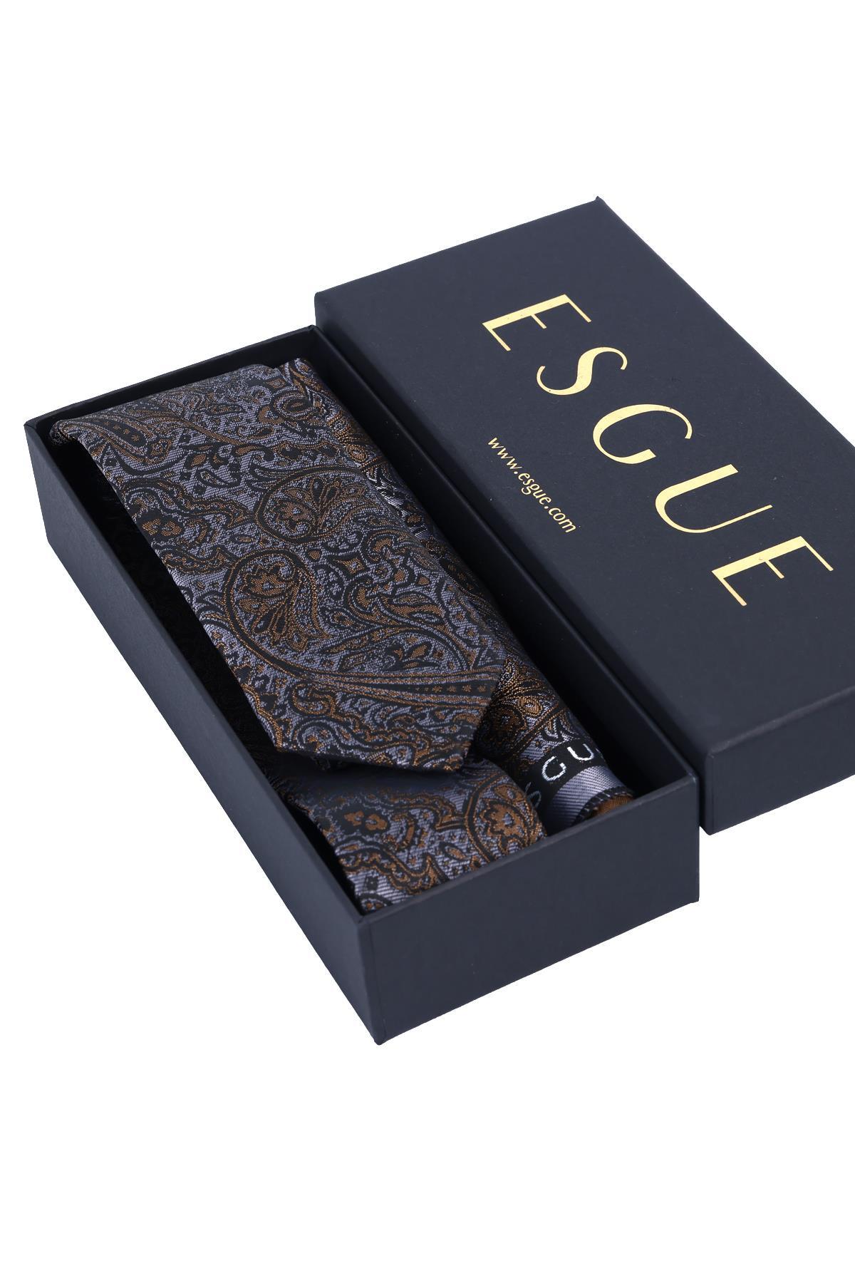 Esgue Hand Made 6 cm Slim Şal Desenli Gri Gold Renk Mendilli İnce Kravat görsel 5