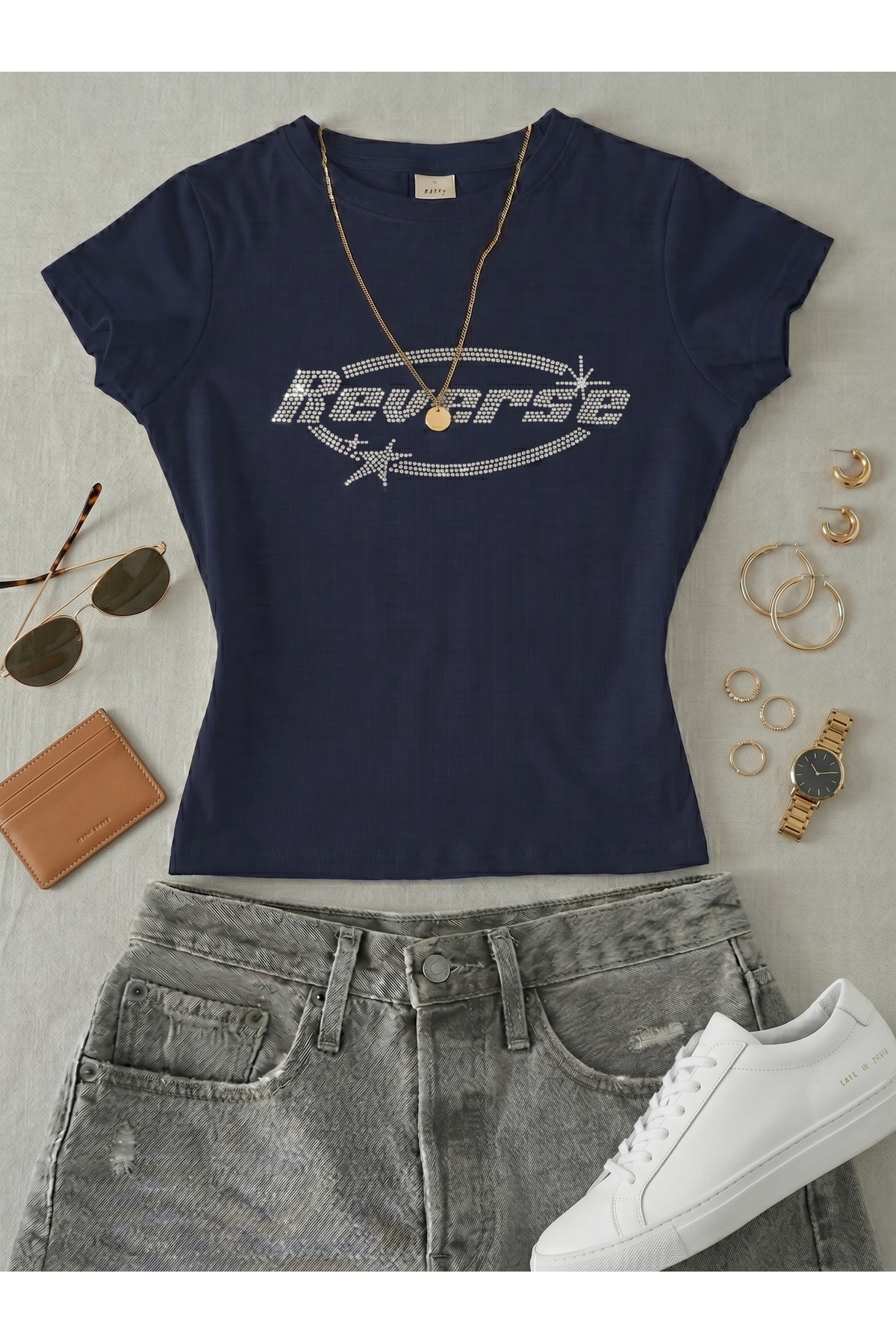 NİCE  Kadın Reserve Yazılı Taş Baskılı - Likralı Kısa Kol Body Tee Crop