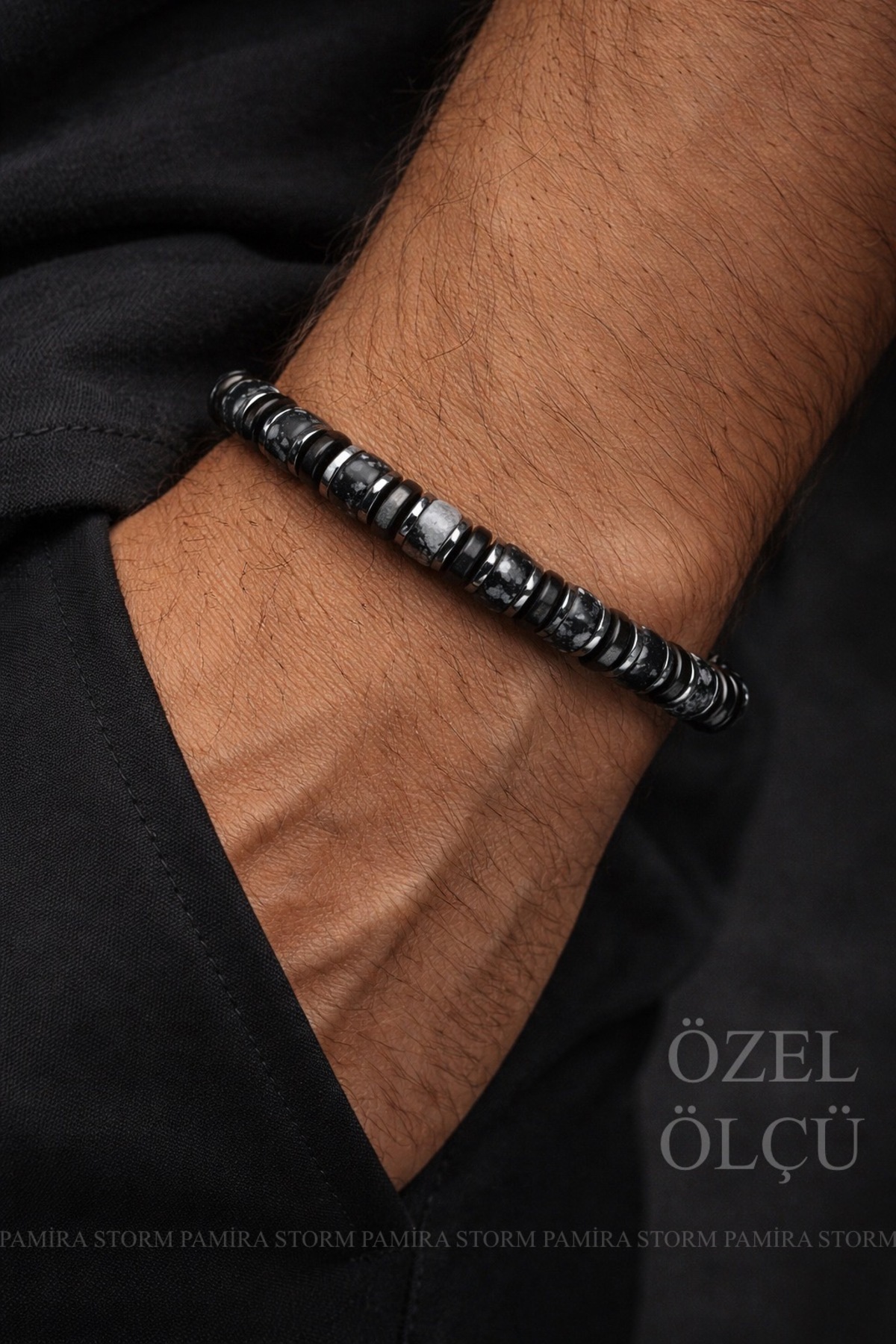 CUSTOM CUT SNOW OBSIDIAN HEMATITE COCONUT BRACELET NEGATIVE ENERGY,ANXIETY,EVIL EYE BRACELET