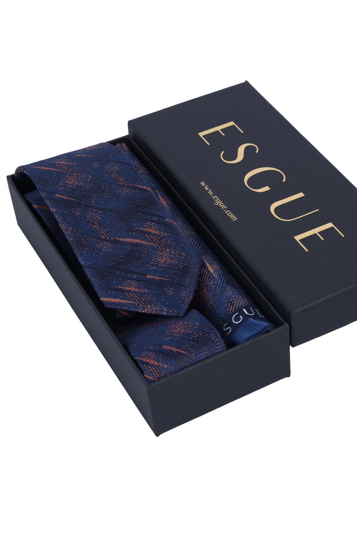 Esgue Hand Made 6 cm Slim Desenli Lacivert Kiremit Renk Mendilli İnce Kravat görsel 5