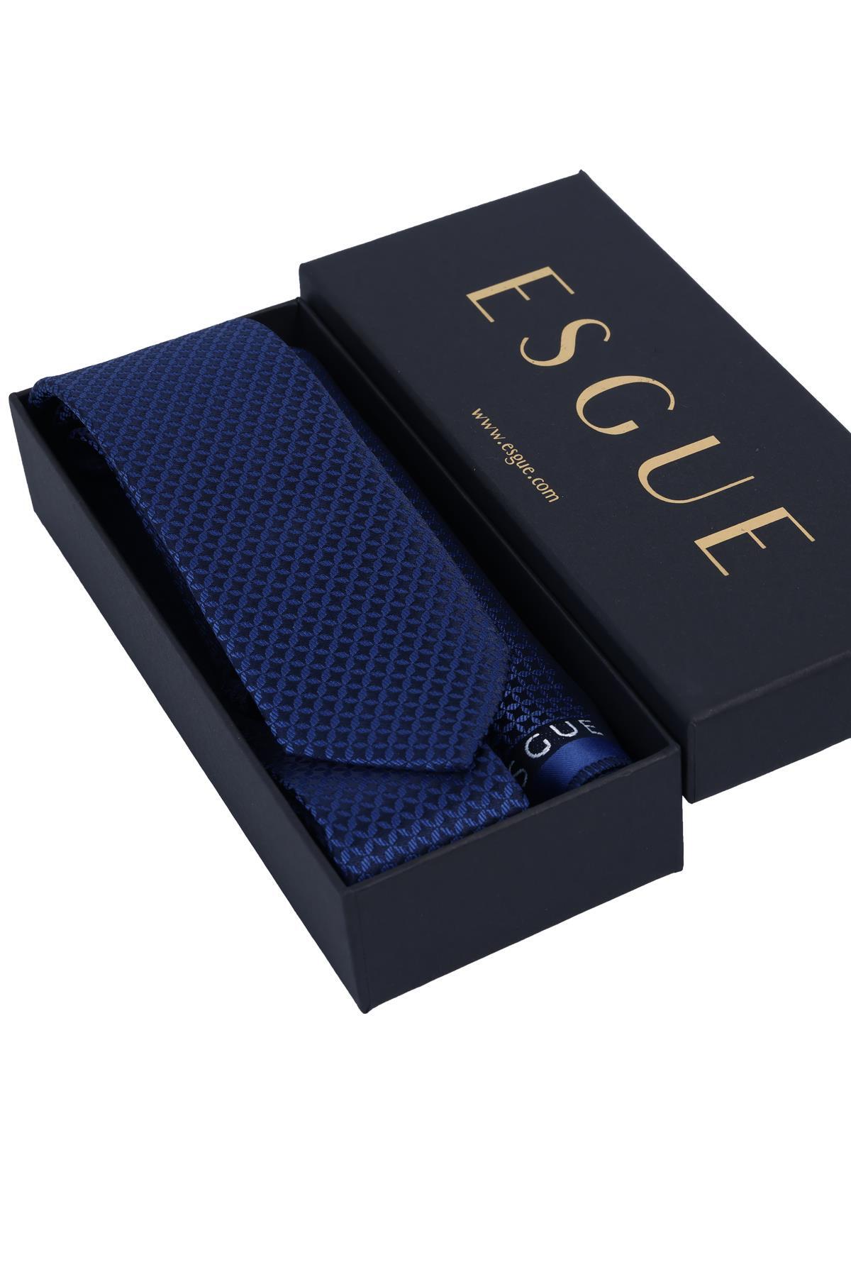 Esgue Hand Made 6 cm Slim Pötikare Desen Saks Renk Mendilli İnce Kravat görsel 5