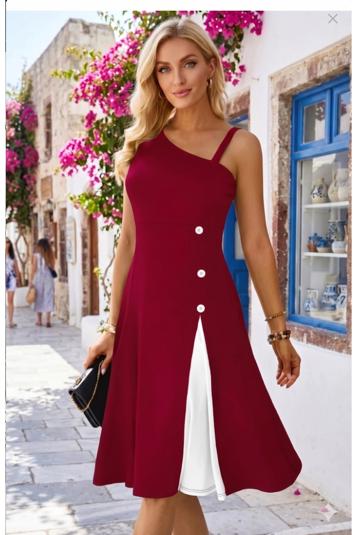 New Season Women's One Shoulder Strip Detailed Zero Sleeve Side Button Detailed Janjan Crepe Dress