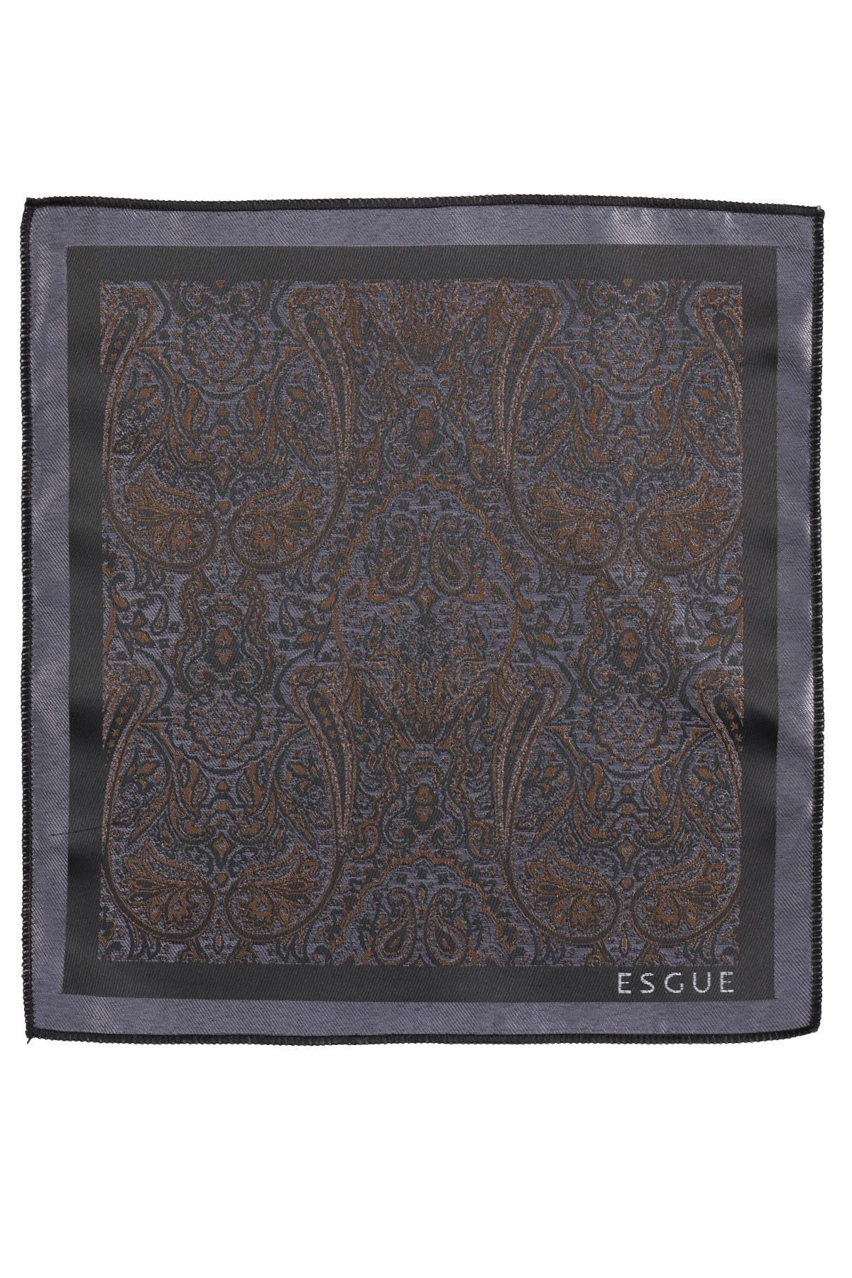 Esgue Hand Made 6 cm Slim Şal Desenli Gri Gold Renk Mendilli İnce Kravat görsel 6