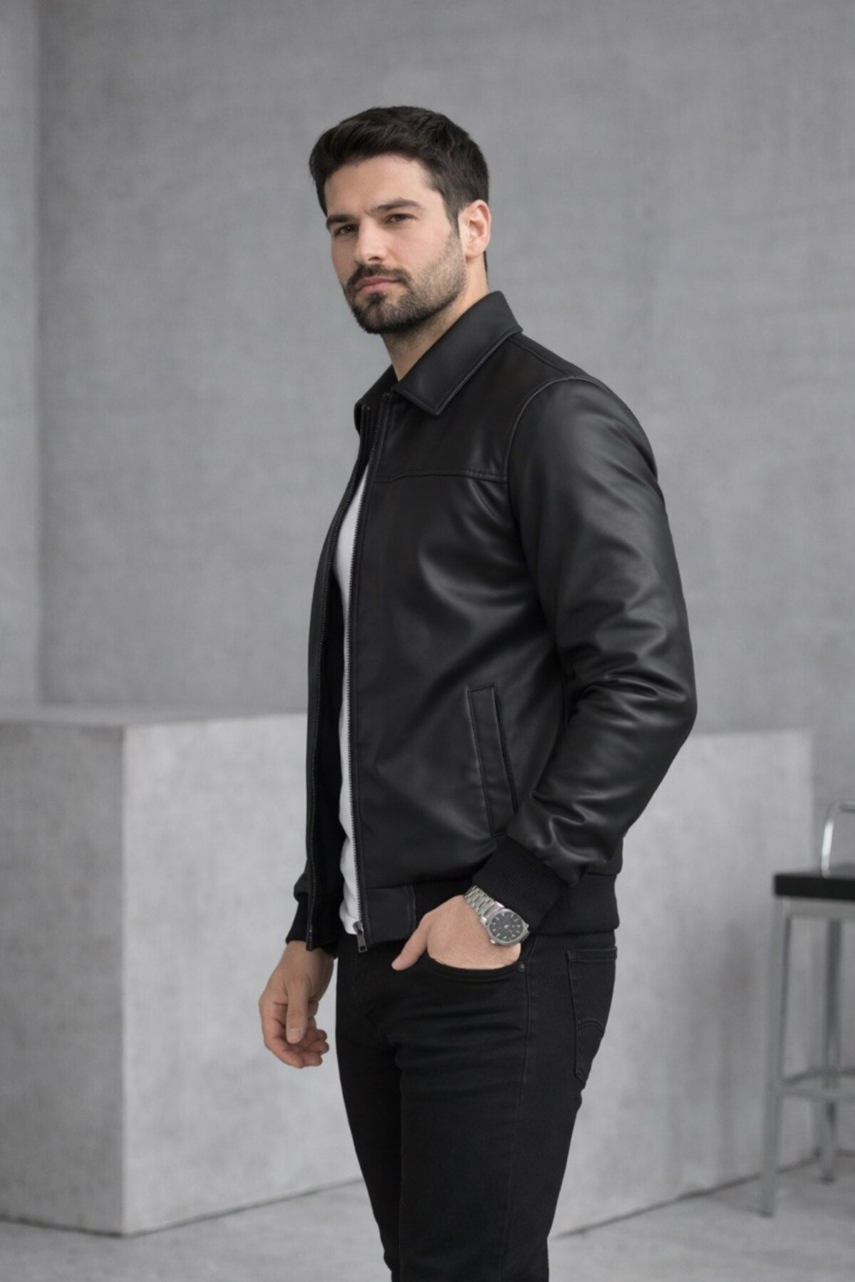 BASEL.CO Basic Slim Fit Polo Yaka Deri Ceket görsel 3