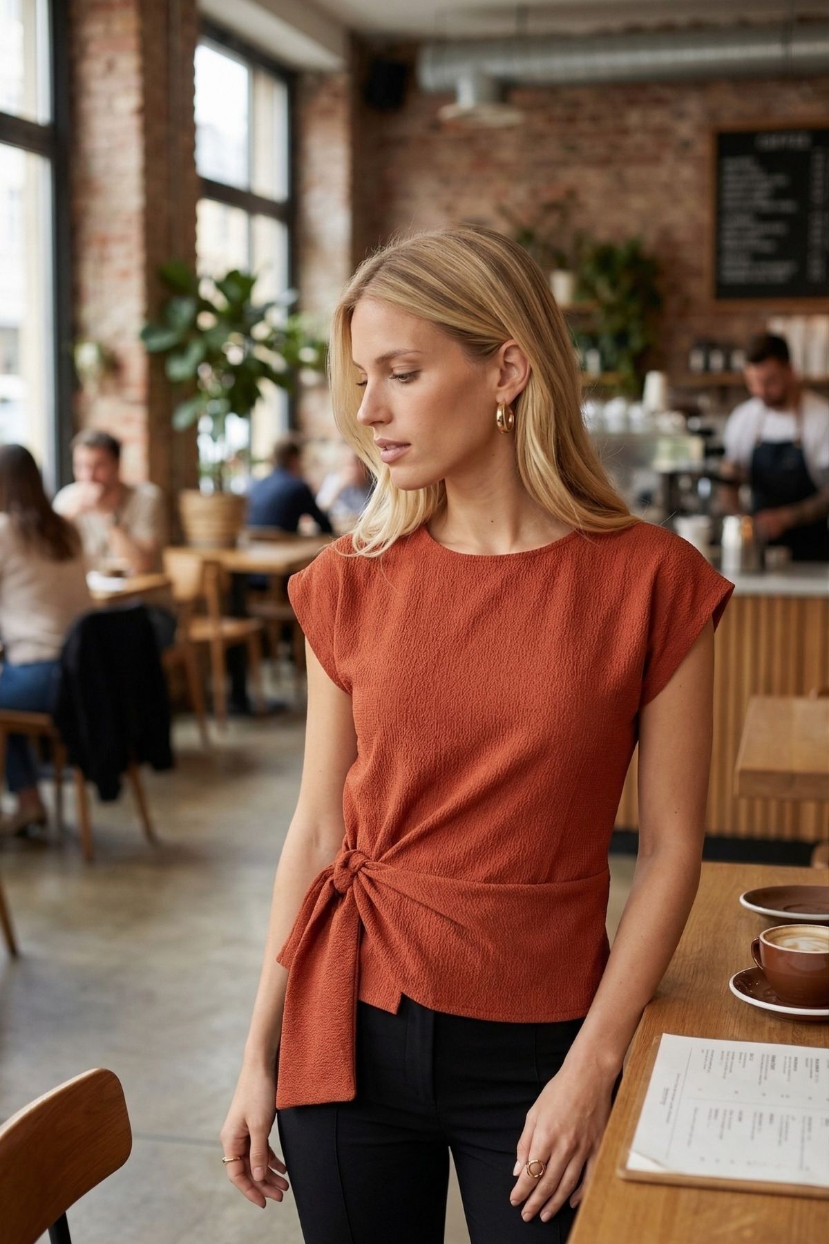 Women's Tile Round Neck Shirred Detailed Lycra Blouse ARM-26Y001072