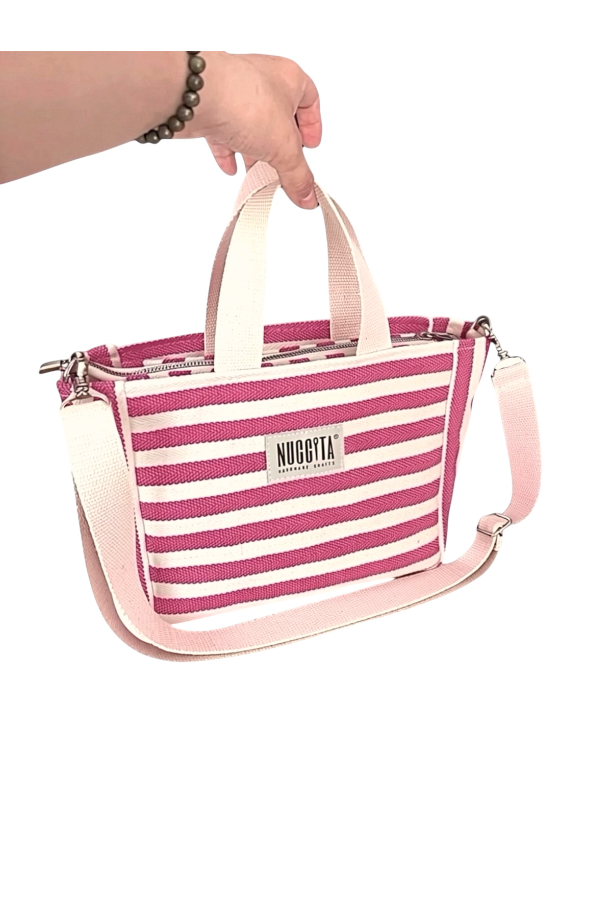 Zippered Mini Size Herringbone Striped Woven Handbag / Crossbody - Pink