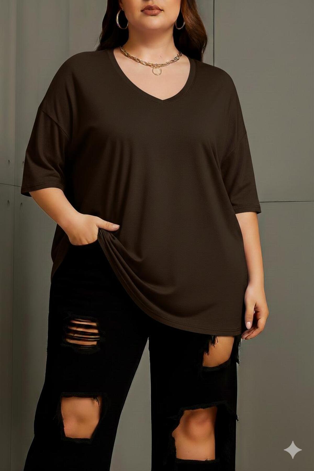 BENROMA PLUS V Yaka Büyük Beden Oversize Unisex Tişört 1CZ1
