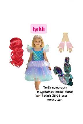 3b kids deniz kızı ışıklı kostüm elbise +deniz kızı saç peruk+pembe file eldi...