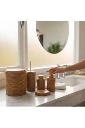 Home Inn Home Textile Jüt Kaplama 5 Parça Banyo Seti | Çöp Kovası Sabunluk Di...