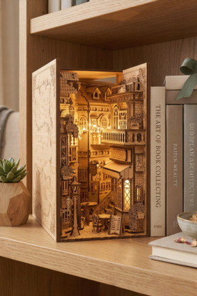 ALGWOOD European Alley Book Nook Ahşap 3D Maket (263 Parça) – LED Işıklı Deko...