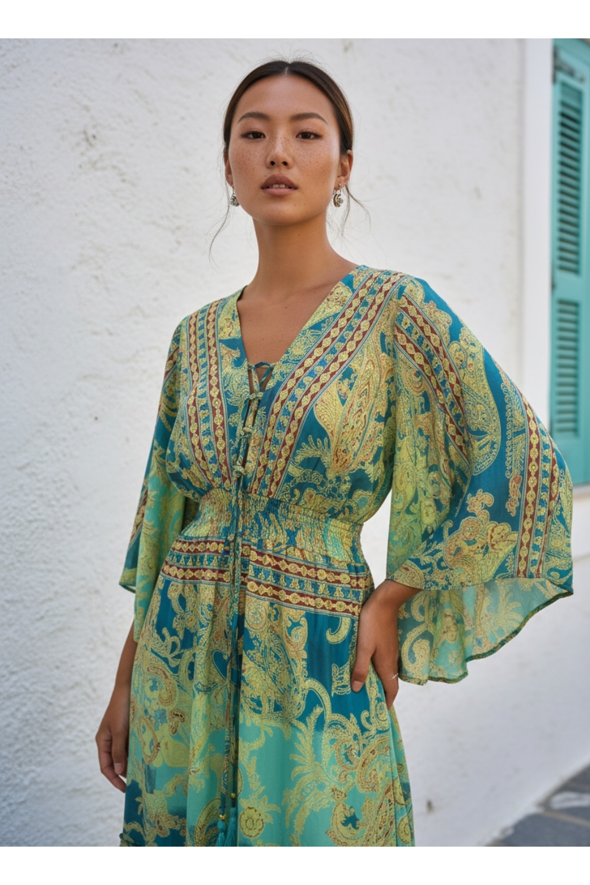 Enuverbi  Bohem Stil Gold Işıltılı Şal Desenli Kuşaklı V Yaka Bağcıklı Otantik Uzun Elbise - Standart Beden