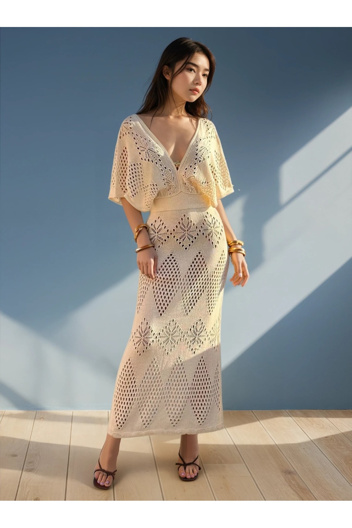 Sea Style Openwork V-Neck Waist Accent Knitwear Dress – Elegant and Feminine Design for Summer